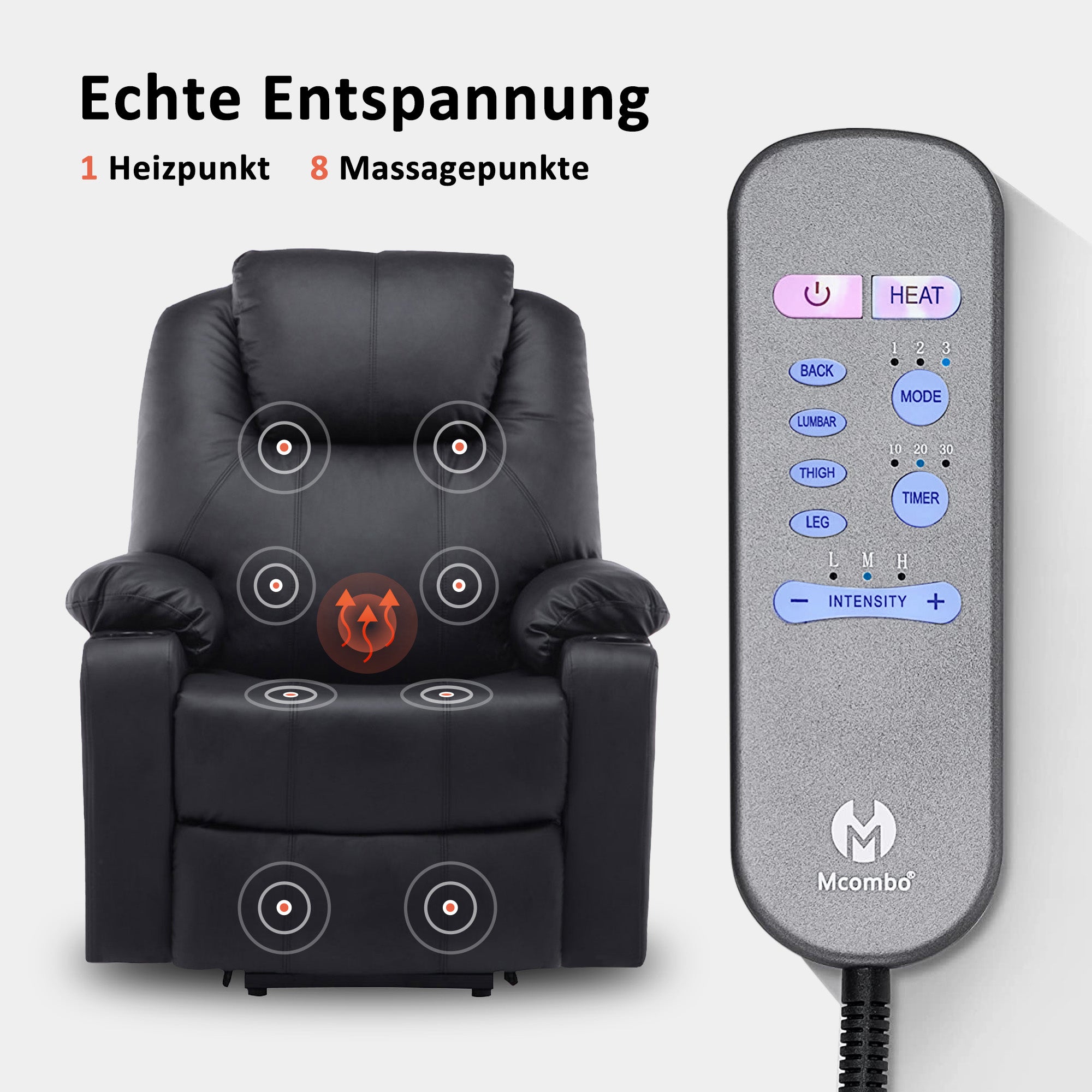 Fauteuil TV M MCombo avec rehausseur électrique, fauteuil inclinable avec fonction d'inclinaison jusqu'à 140°, fauteuil de massage avec fonction chauffante, bouton et télécommande réglables, avec USB, 7040