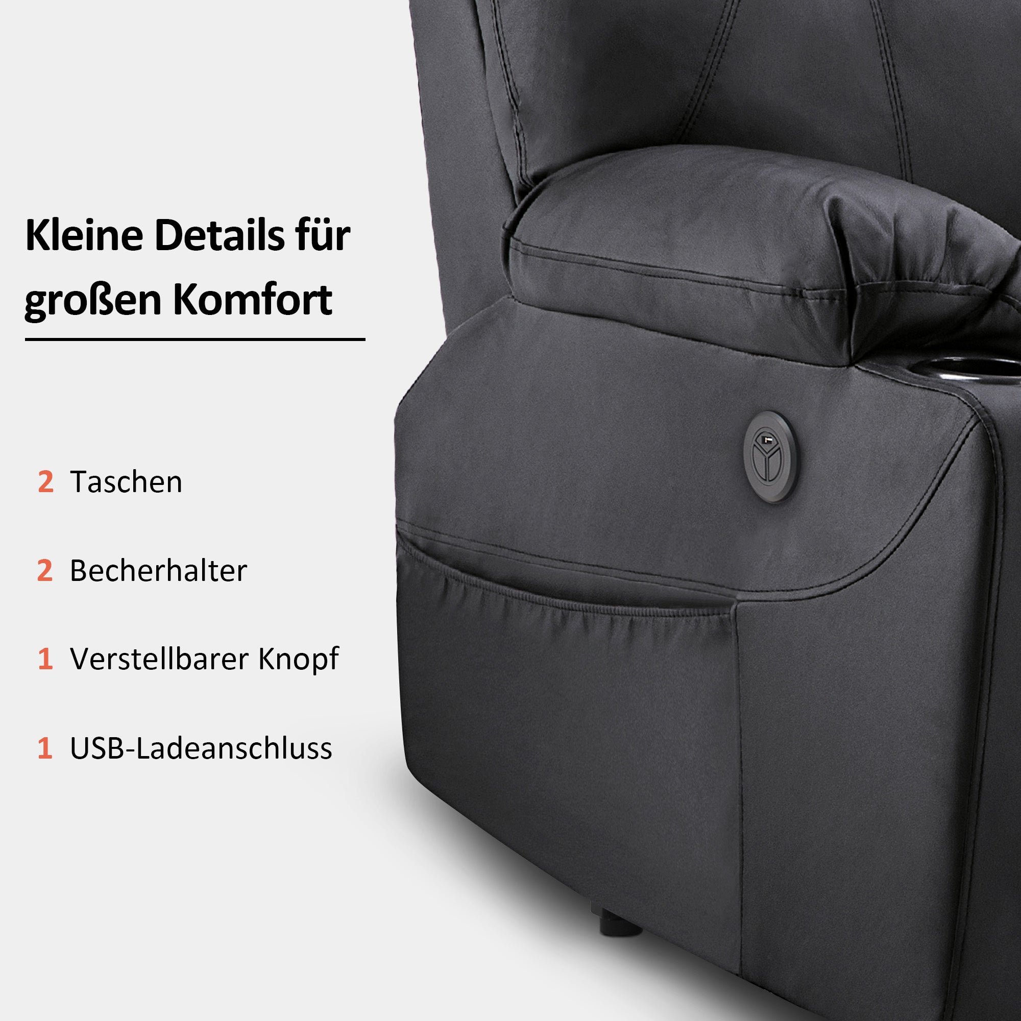 Fauteuil TV M MCombo avec rehausseur électrique, fauteuil inclinable avec fonction d'inclinaison jusqu'à 140°, fauteuil de massage avec fonction chauffante, bouton et télécommande réglables, avec USB, 7040