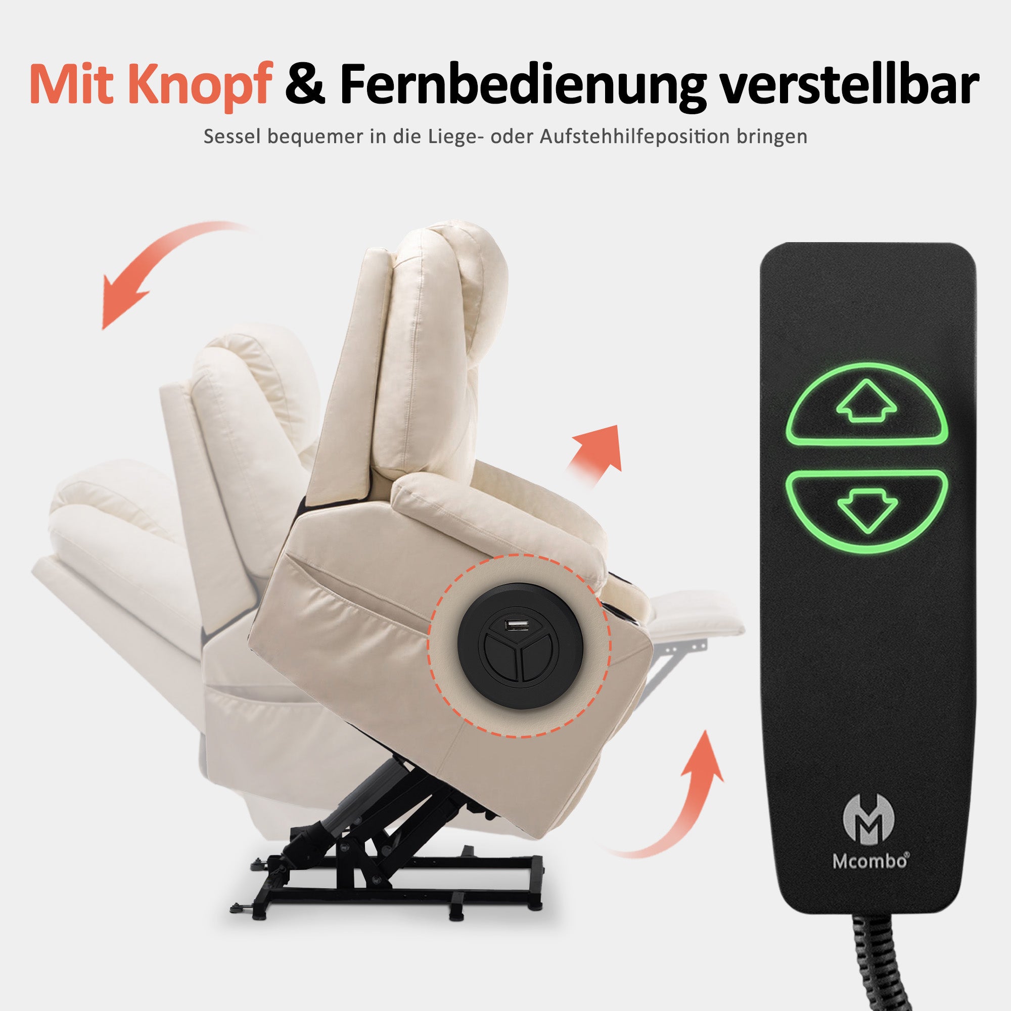Fauteuil TV M MCombo avec rehausseur électrique, fauteuil inclinable avec fonction d'inclinaison jusqu'à 140°, fauteuil de massage avec fonction chauffante, bouton et télécommande réglables, avec USB, 7040