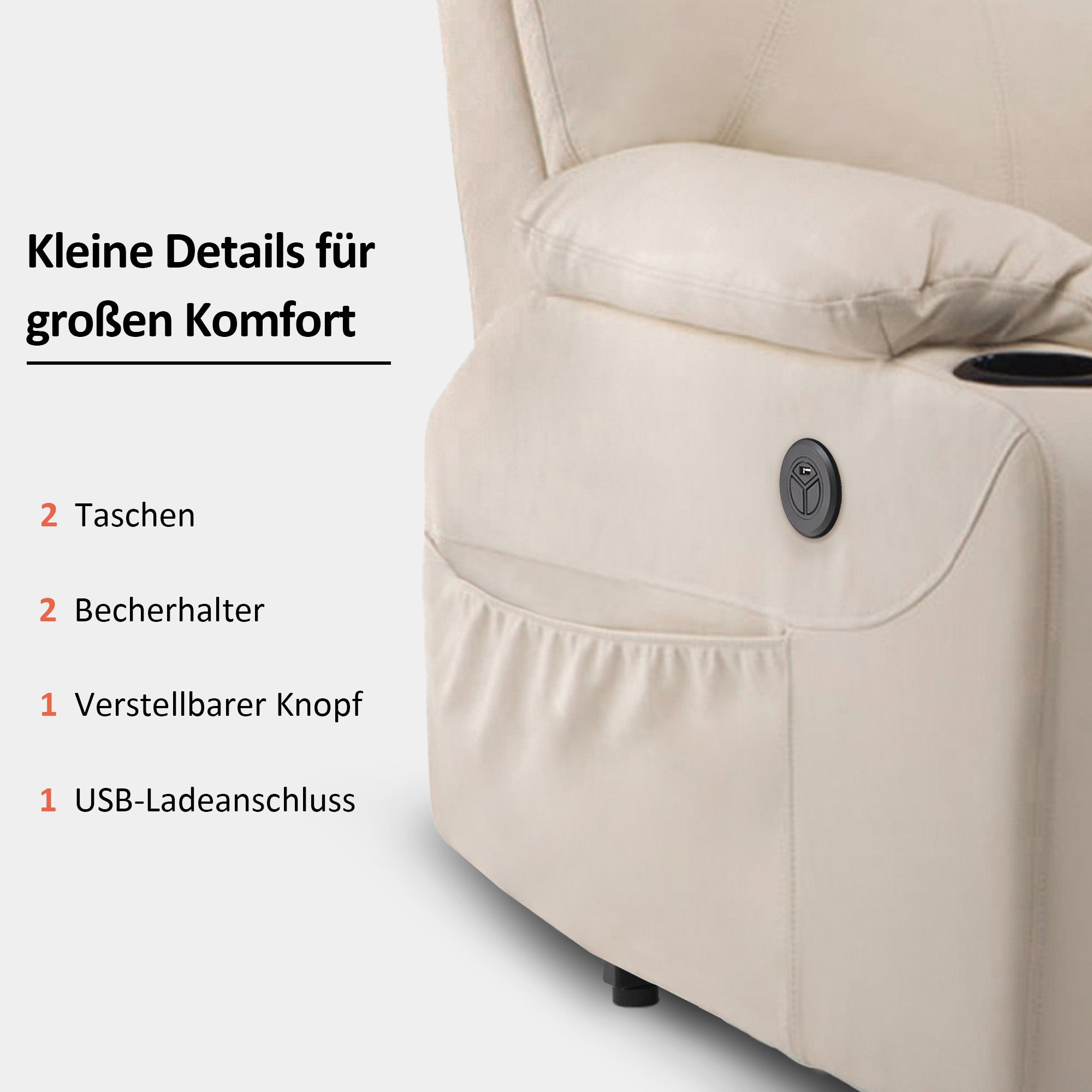 Fauteuil TV M MCombo avec rehausseur électrique, fauteuil inclinable avec fonction d'inclinaison jusqu'à 140°, fauteuil de massage avec fonction chauffante, bouton et télécommande réglables, avec USB, 7040