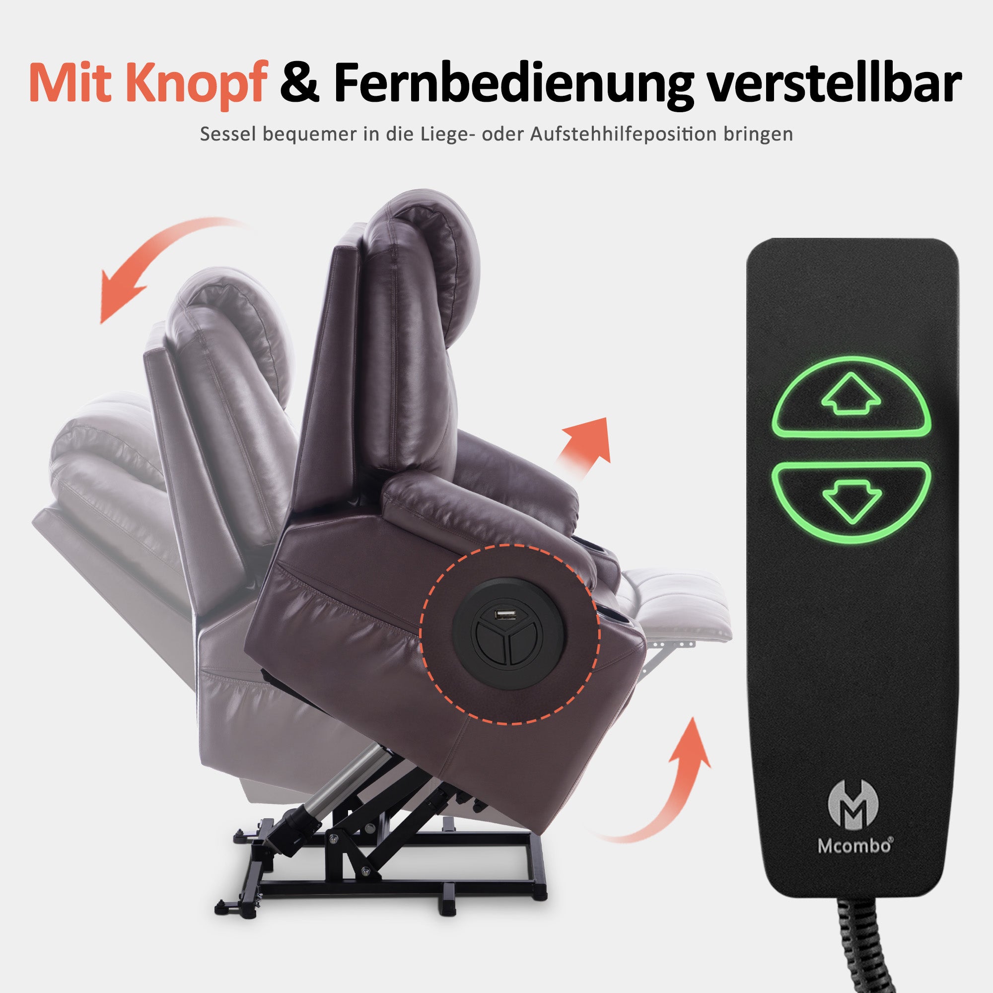 Fauteuil TV M MCombo avec rehausseur électrique, fauteuil inclinable avec fonction d'inclinaison jusqu'à 140°, fauteuil de massage avec fonction chauffante, bouton et télécommande réglables, avec USB, 7040