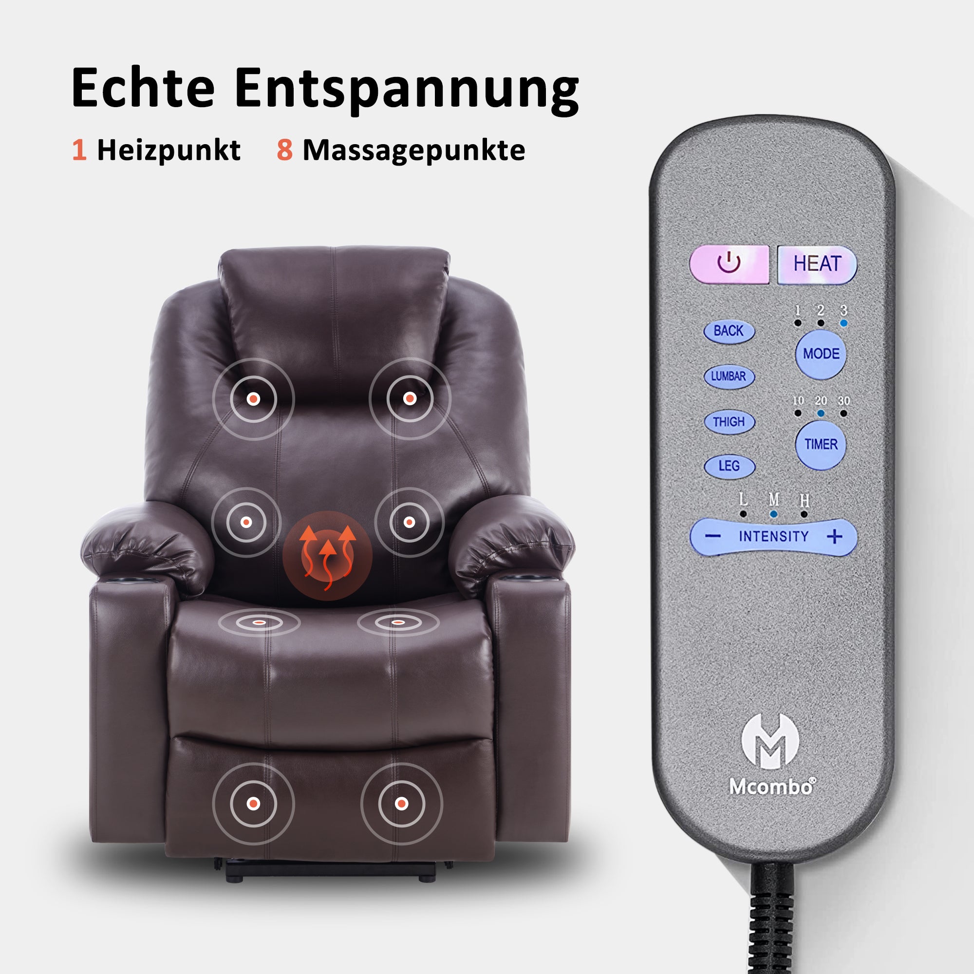 Fauteuil TV M MCombo avec rehausseur électrique, fauteuil inclinable avec fonction d'inclinaison jusqu'à 140°, fauteuil de massage avec fonction chauffante, bouton et télécommande réglables, avec USB, 7040