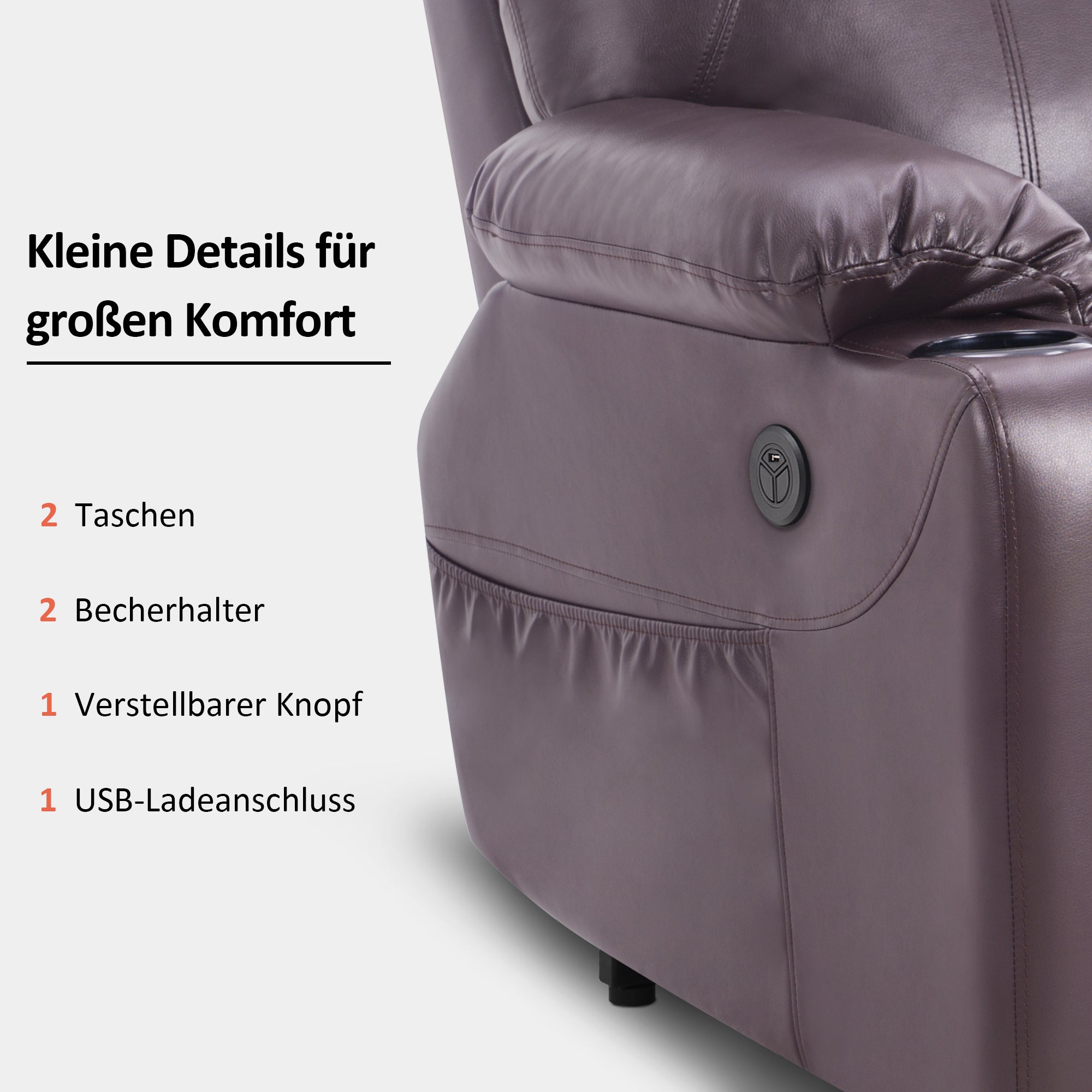 Fauteuil TV M MCombo avec rehausseur électrique, fauteuil inclinable avec fonction d'inclinaison jusqu'à 140°, fauteuil de massage avec fonction chauffante, bouton et télécommande réglables, avec USB, 7040