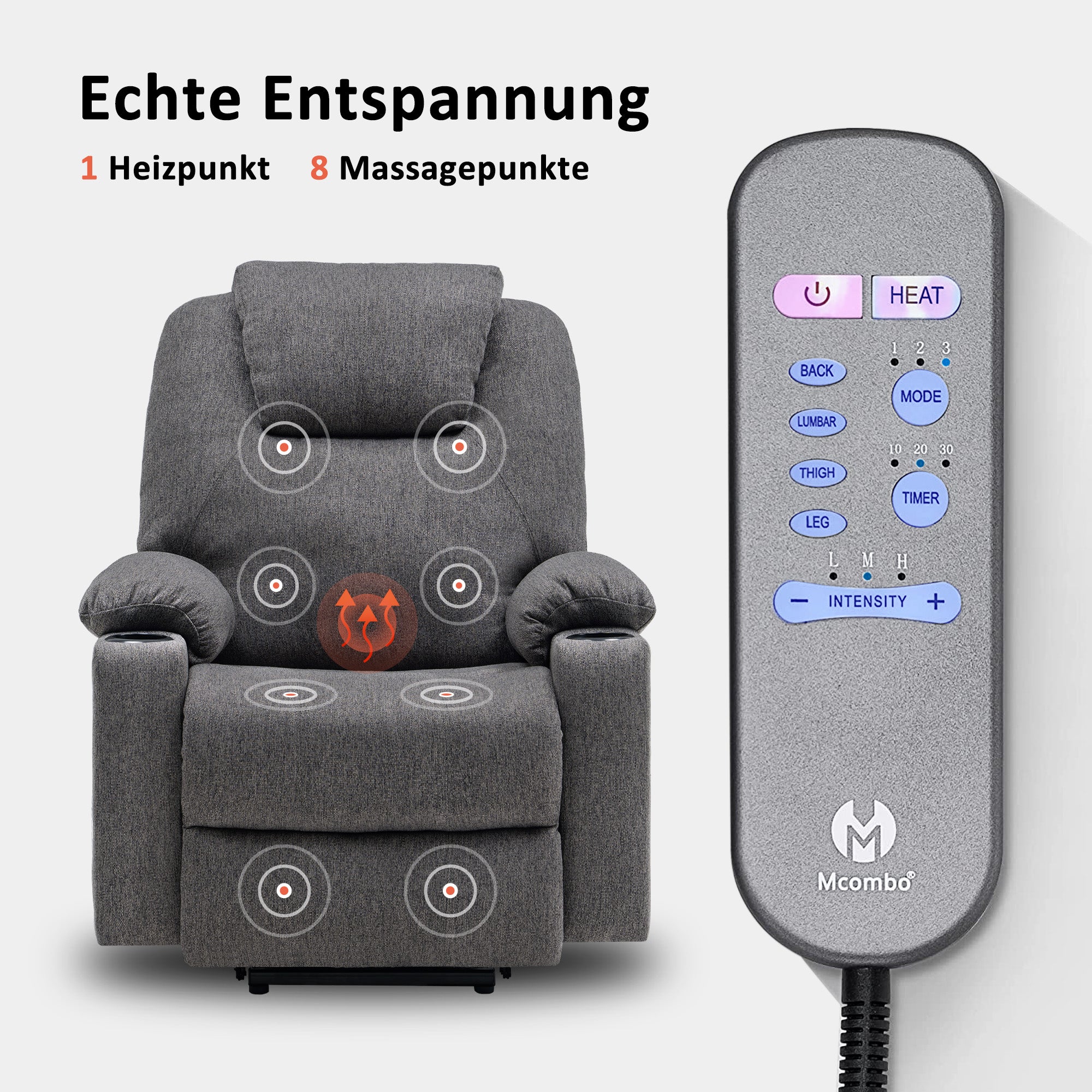 Fauteuil TV M MCombo avec rehausseur électrique, fauteuil inclinable avec fonction d'inclinaison jusqu'à 140°, fauteuil de massage avec fonction chauffante, bouton et télécommande réglables, avec USB, 7040