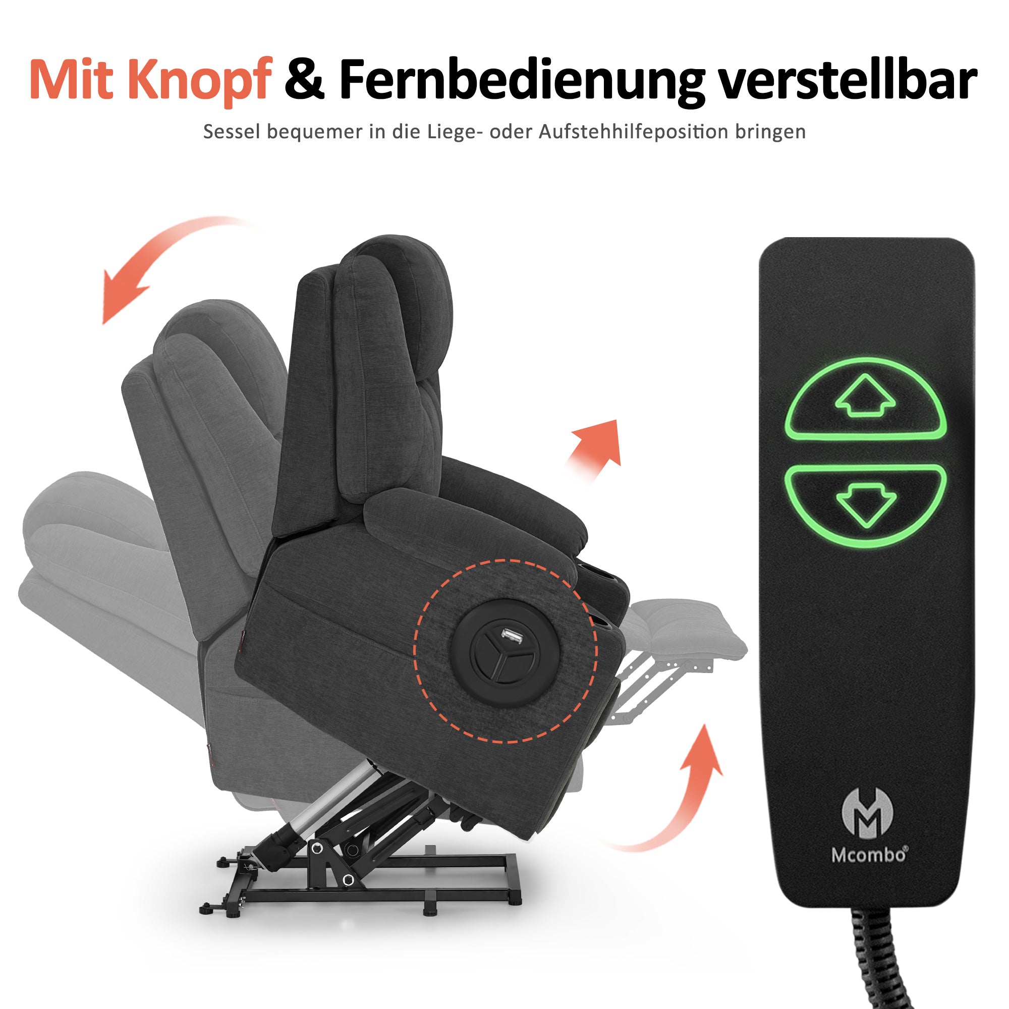 Fauteuil TV M MCombo avec rehausseur électrique, fauteuil inclinable avec fonction d'inclinaison jusqu'à 140°, fauteuil de massage avec fonction chauffante, bouton et télécommande réglables, avec USB, 7040