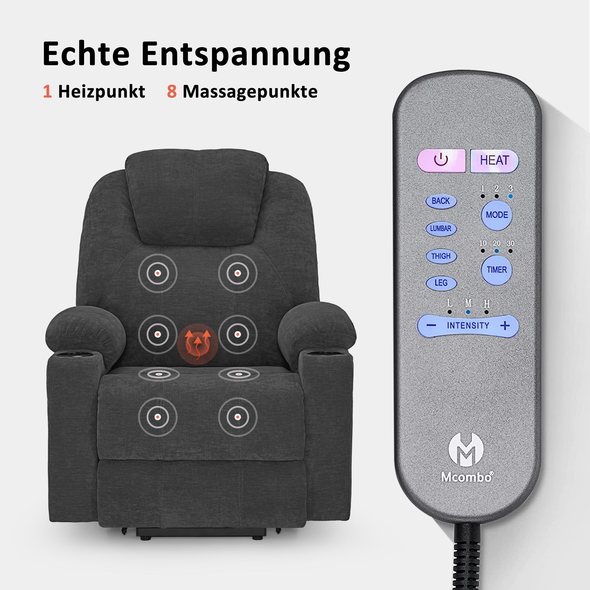 Fauteuil TV M MCombo avec rehausseur électrique, fauteuil inclinable avec fonction d'inclinaison jusqu'à 140°, fauteuil de massage avec fonction chauffante, bouton et télécommande réglables, avec USB, 7040