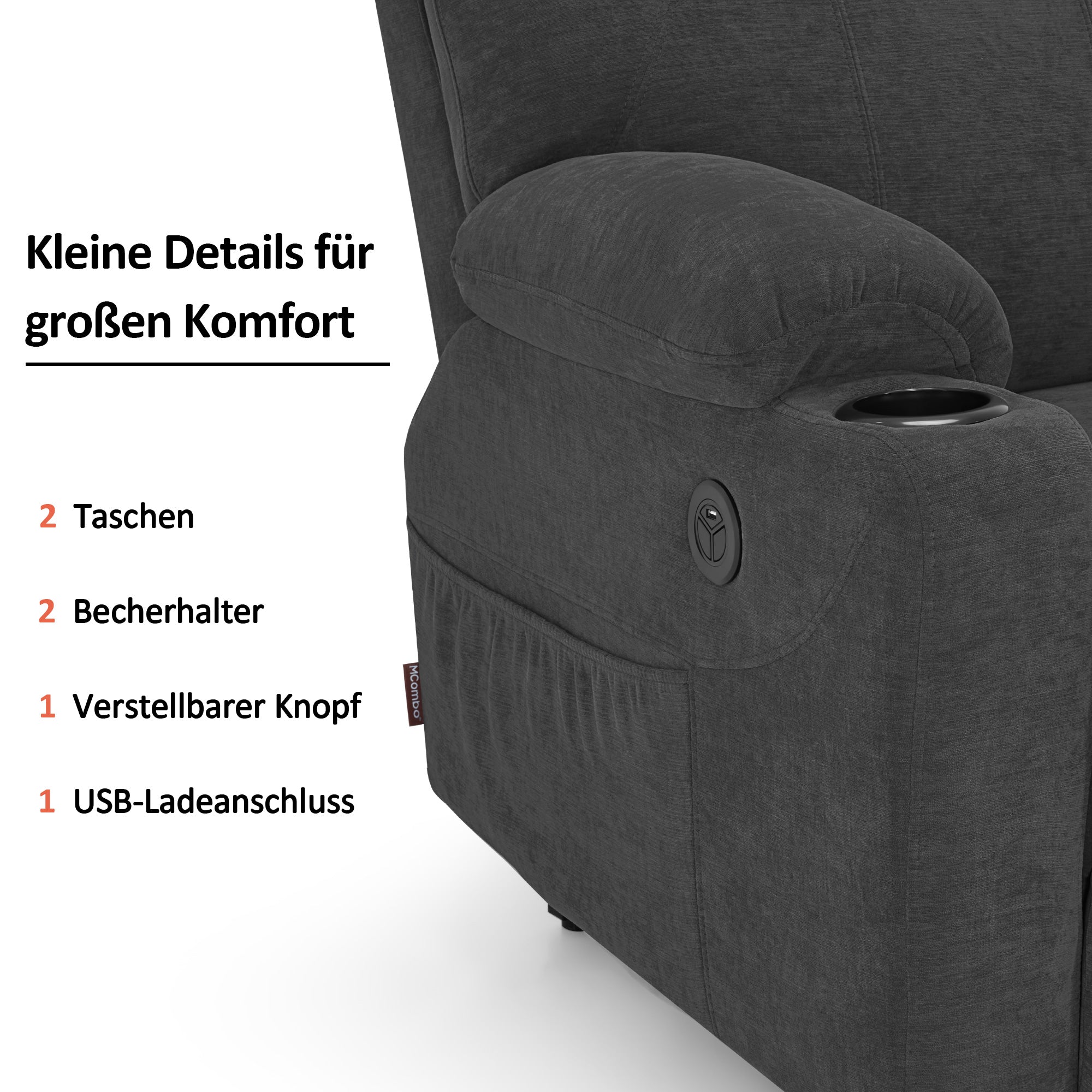 Fauteuil TV M MCombo avec rehausseur électrique, fauteuil inclinable avec fonction d'inclinaison jusqu'à 140°, fauteuil de massage avec fonction chauffante, bouton et télécommande réglables, avec USB, 7040