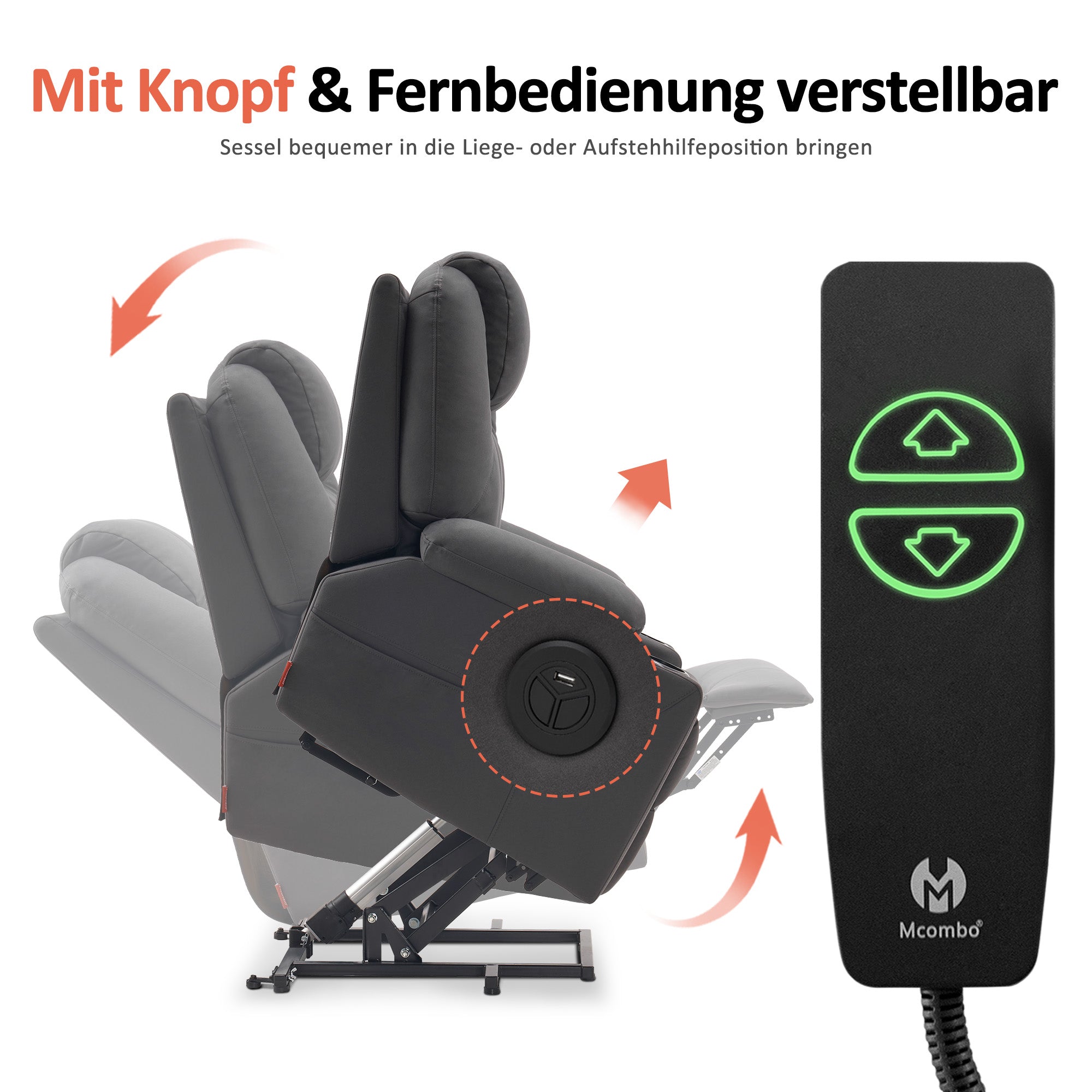 Fauteuil TV M MCombo avec rehausseur électrique, fauteuil inclinable avec fonction d'inclinaison jusqu'à 140°, fauteuil de massage avec fonction chauffante, bouton et télécommande réglables, avec USB, 7040