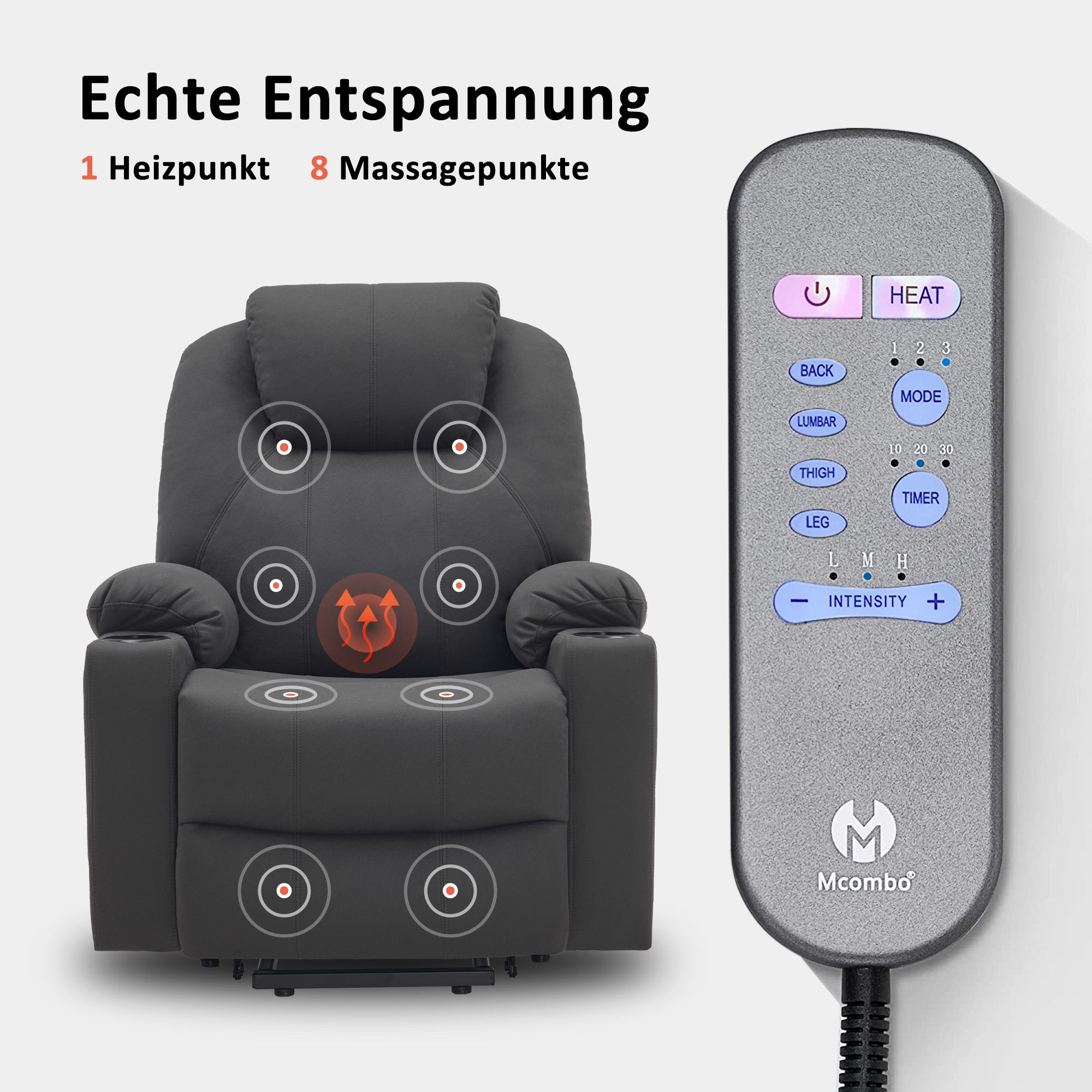 Fauteuil TV M MCombo avec rehausseur électrique, fauteuil inclinable avec fonction d'inclinaison jusqu'à 140°, fauteuil de massage avec fonction chauffante, bouton et télécommande réglables, avec USB, 7040