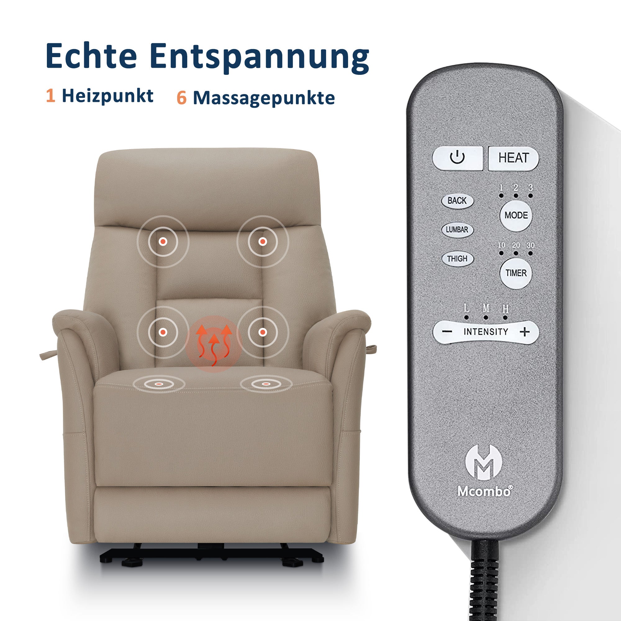 M MCombo Relaxing Chair Electrically Adjustable, TV Chair 3 cm Close to the Wall, Relaxing Chair Massage Chair with Reclining Function, TV Chair for Tight Spaces, USB & Type-C Ports & Lumbar Cushion, Living Room, 7063