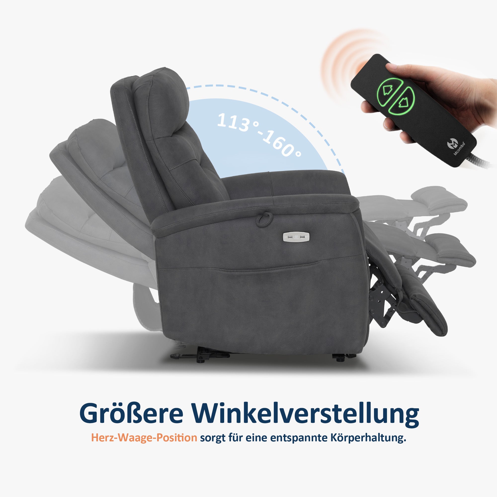 M MCombo Relaxing Chair with Reclining Function, Electrically Adjustable TV Chair, TV Chair, Recliner Chair, USB & Side Pocket, Living Room Relaxing Chair, 7077