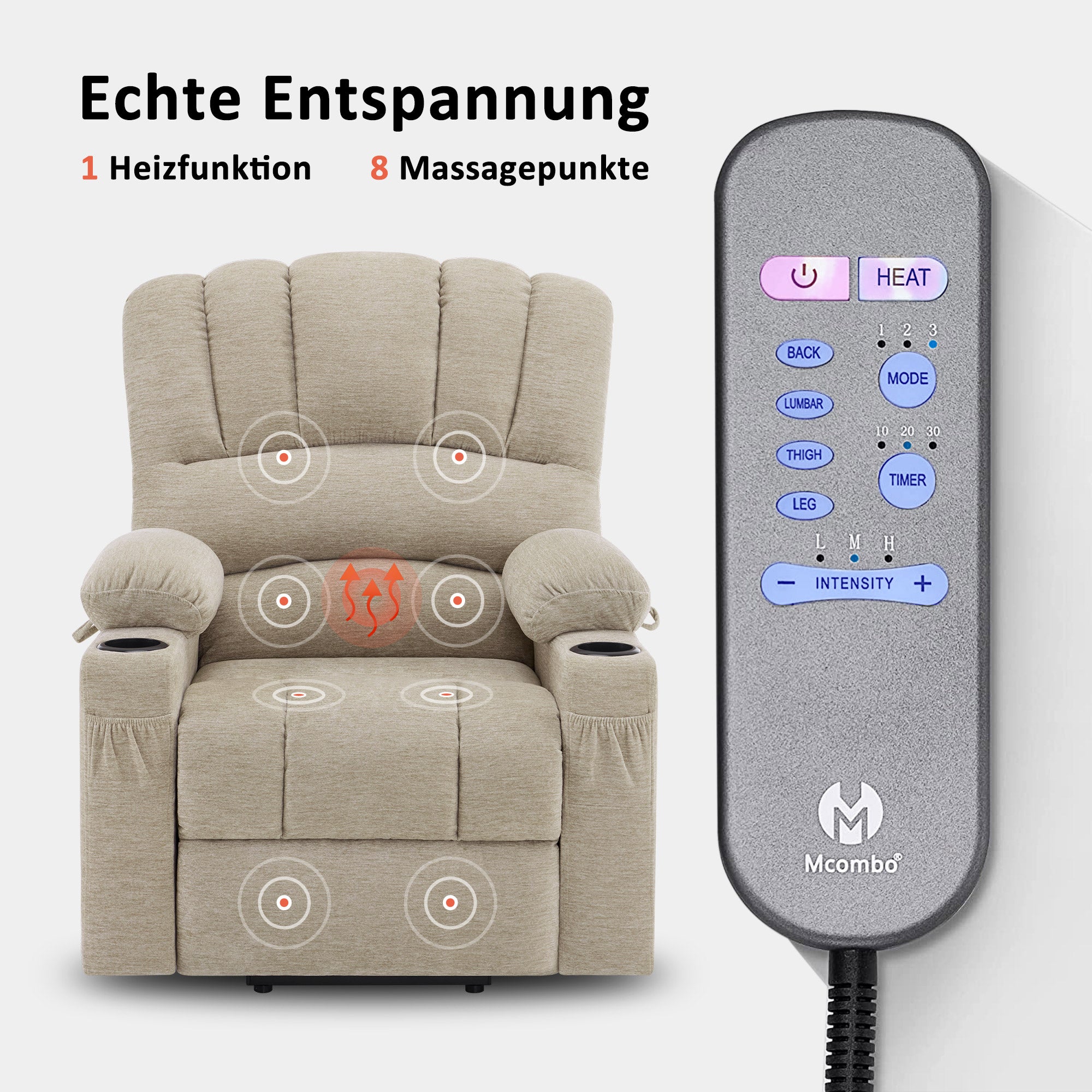 M MCombo Relaxsessel mit Aufstehhilfe & Liegefunktion 7102, Fernsehsessel elektrisch verstellbar, TV Sessel mit Massage Wärmefunktion, für Senioren Wohnzimmer, USB