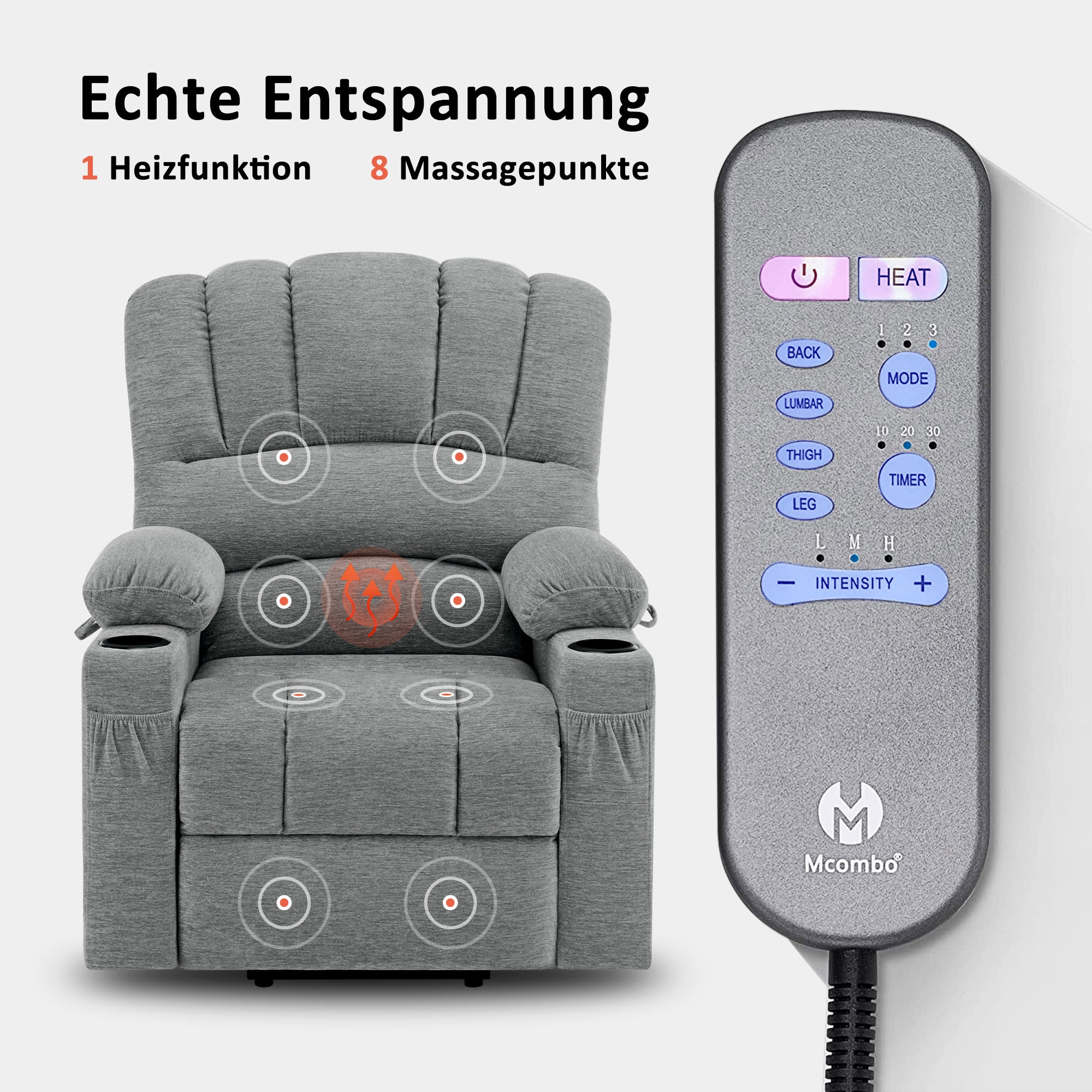 M MCombo Relaxsessel mit Aufstehhilfe & Liegefunktion 7102, Fernsehsessel elektrisch verstellbar, TV Sessel mit Massage Wärmefunktion, für Senioren Wohnzimmer, USB