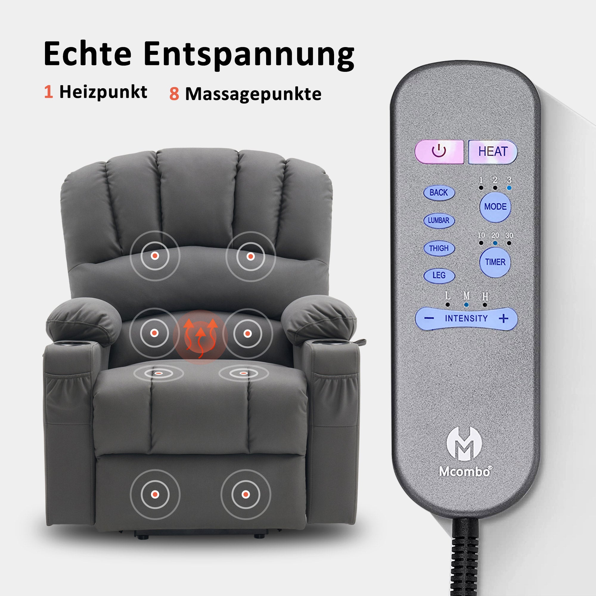 M MCombo Relaxsessel mit Aufstehhilfe & Liegefunktion 7102, Fernsehsessel elektrisch verstellbar, TV Sessel mit Massage Wärmefunktion, für Senioren Wohnzimmer, USB
