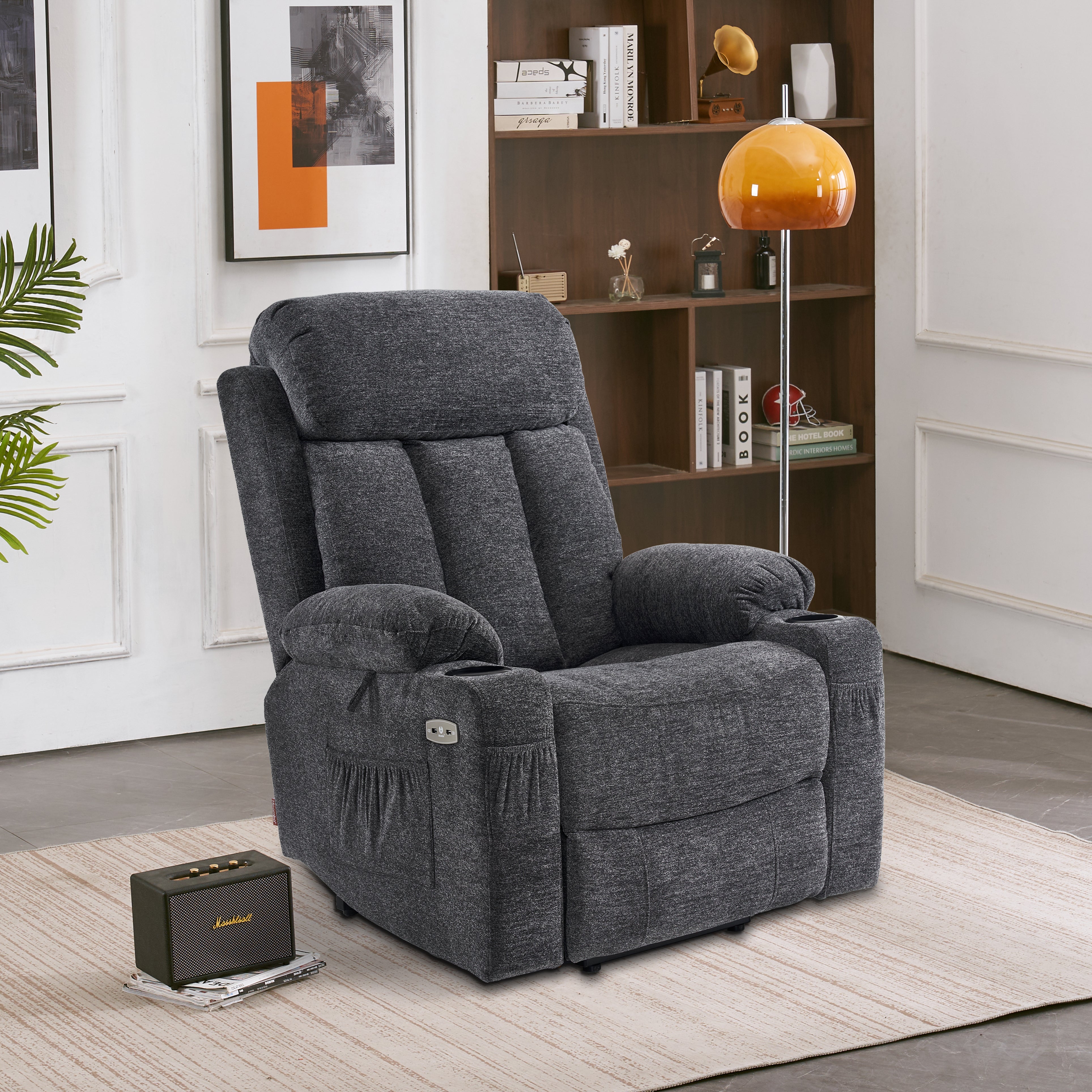M MCombo relaxation chair with stand-up aid and reclining function 7190, TV chair electrically adjustable, for seniors living room, USB, (black faux leather / dark gray fabric)