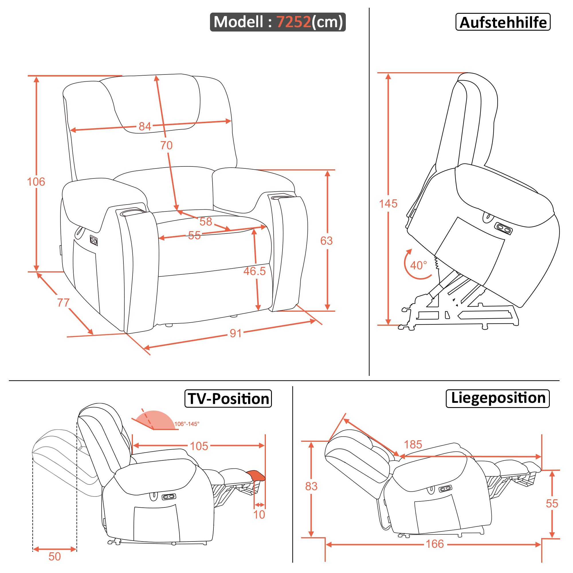 M MCombo Fernsehsessel mit Aufstehhilfe Elektrisch, mit Massage & Heizung, Relaxsessel mit Liegefunktion bis 145° 35D Vollschaum-Sitzkissen Versteckte Becherhalter 7252