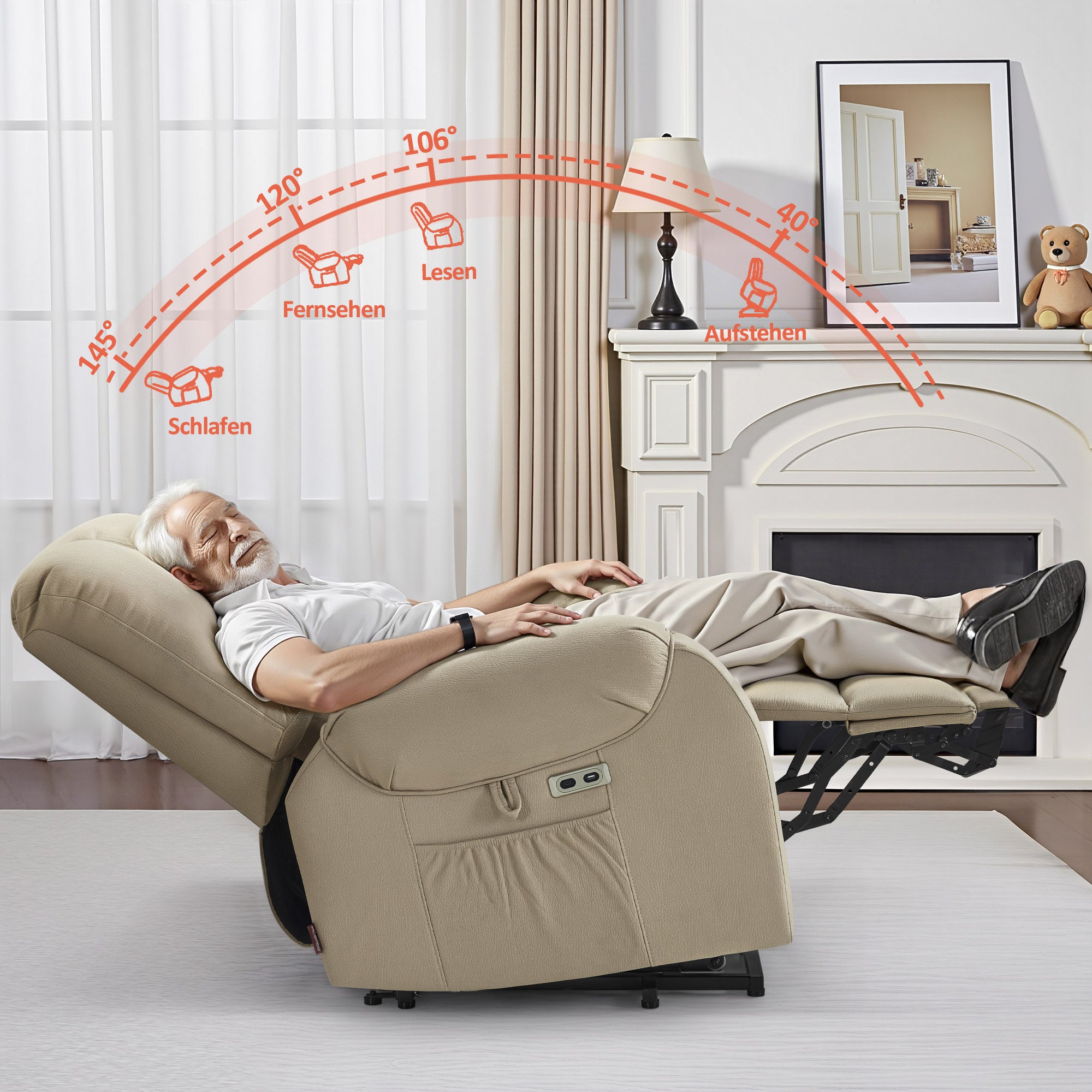 M MCombo Fernsehsessel mit Aufstehhilfe Elektrisch, mit Massage & Heizung, Relaxsessel mit Liegefunktion bis 145° 35D Vollschaum-Sitzkissen Versteckte Becherhalter 7252