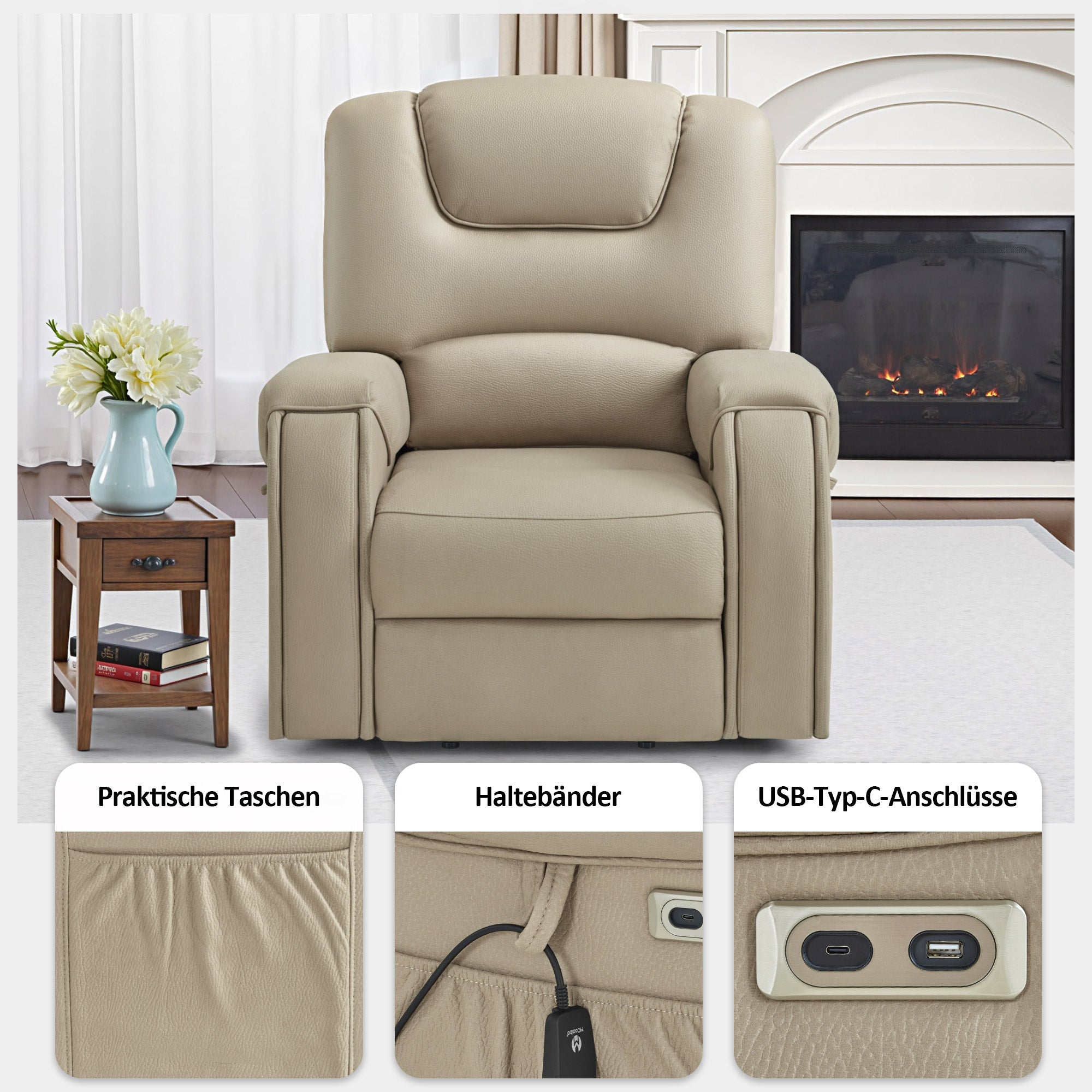 M MCombo Fernsehsessel mit Aufstehhilfe Elektrisch, mit Massage & Heizung, Relaxsessel mit Liegefunktion bis 145° 35D Vollschaum-Sitzkissen Versteckte Becherhalter 7252