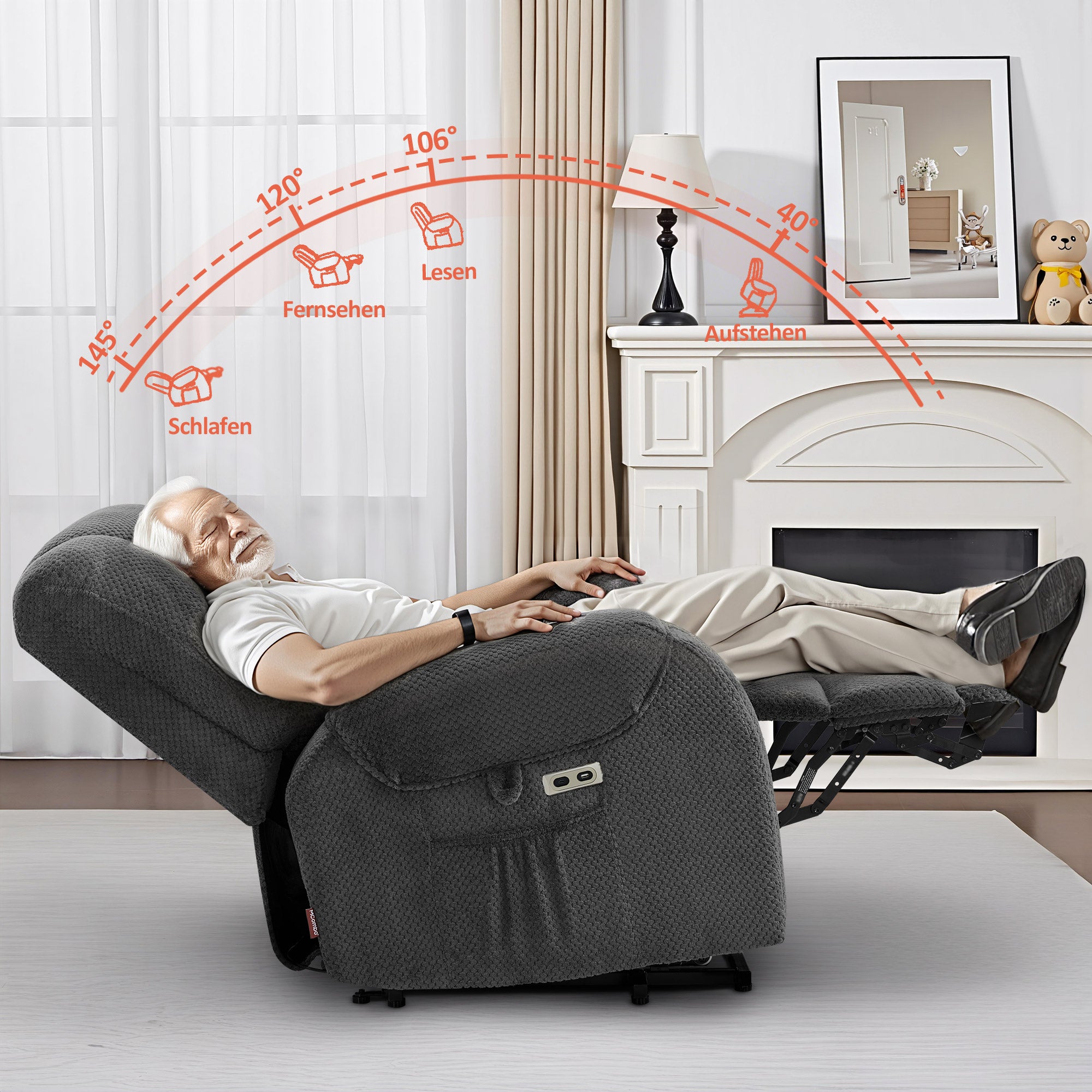 M MCombo Fernsehsessel mit Aufstehhilfe Elektrisch, mit Massage & Heizung, Relaxsessel mit Liegefunktion bis 145° 35D Vollschaum-Sitzkissen Versteckte Becherhalter 7252