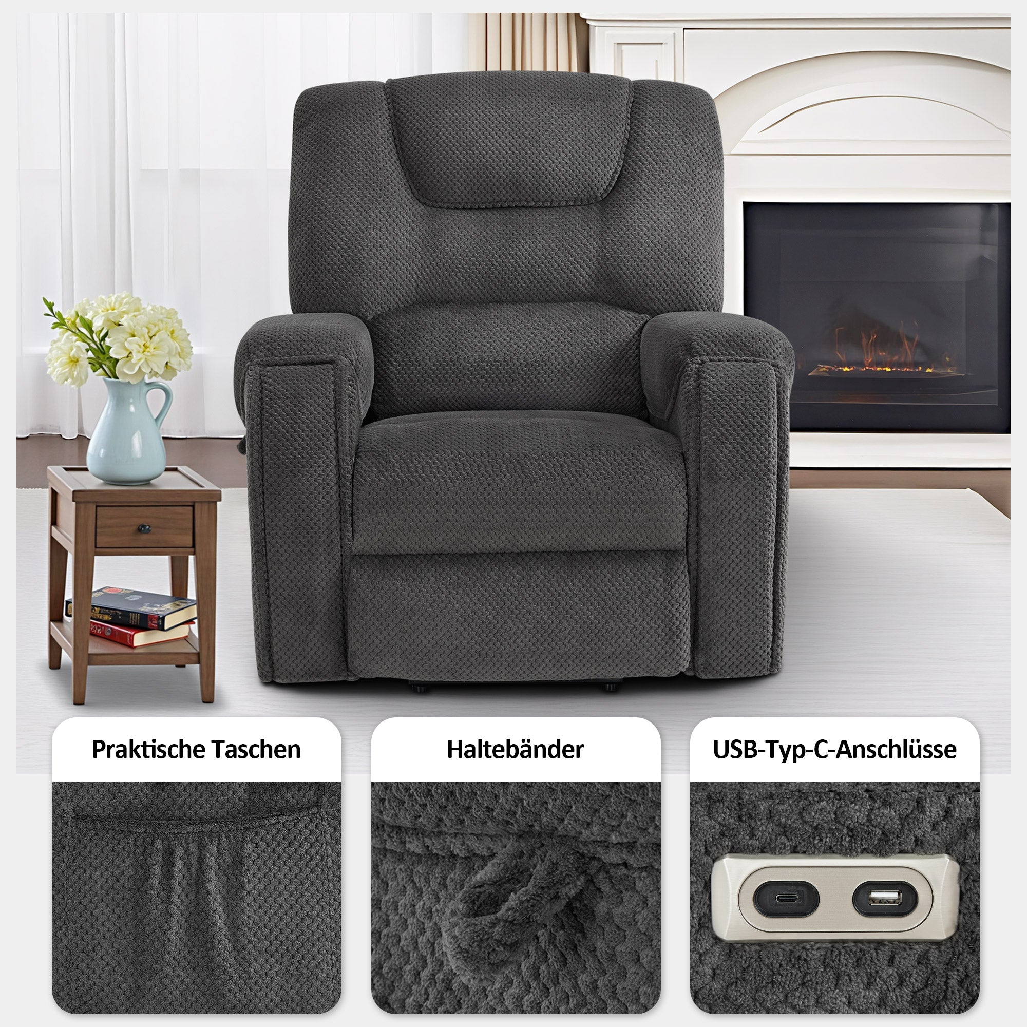 M MCombo Fernsehsessel mit Aufstehhilfe Elektrisch, mit Massage & Heizung, Relaxsessel mit Liegefunktion bis 145° 35D Vollschaum-Sitzkissen Versteckte Becherhalter 7252