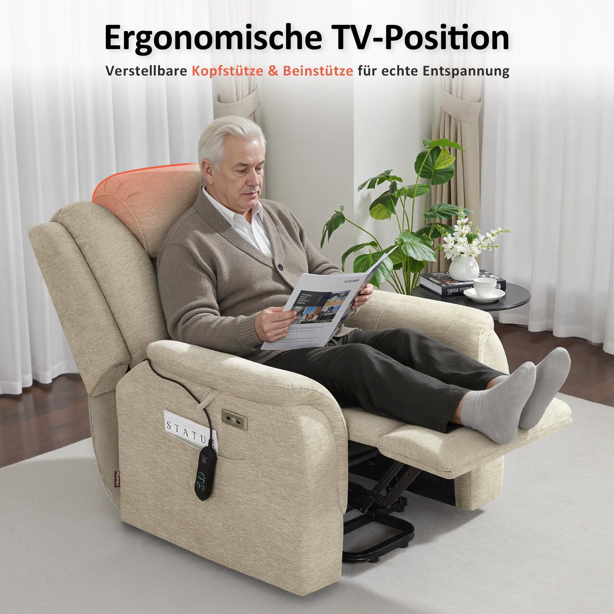 M MCombo Fernsehsessel mit Aufstehhilfe Elektrisch, 2 Rollen für Mobilität, Massage & Heizung, Verstellbare Kopfstütze, Sessel mit Aufstehhilfe 35D Vollschaum-Sitzkissen 7269