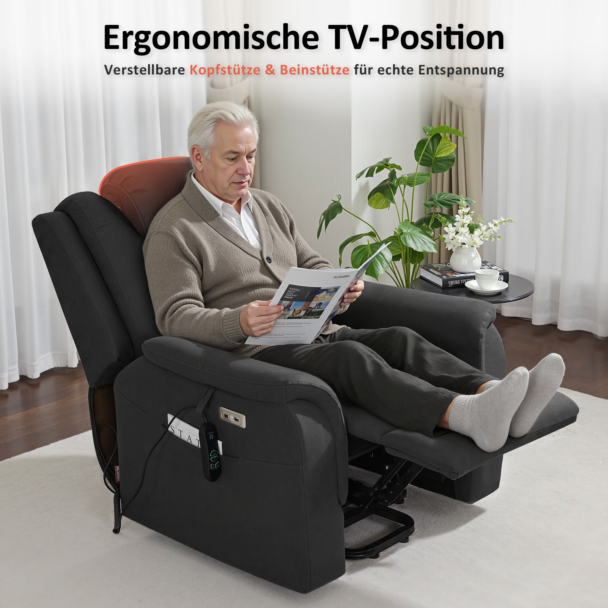 M MCombo Fernsehsessel mit Aufstehhilfe Elektrisch, 2 Rollen für Mobilität, Massage & Heizung, Verstellbare Kopfstütze, Sessel mit Aufstehhilfe 35D Vollschaum-Sitzkissen 7269