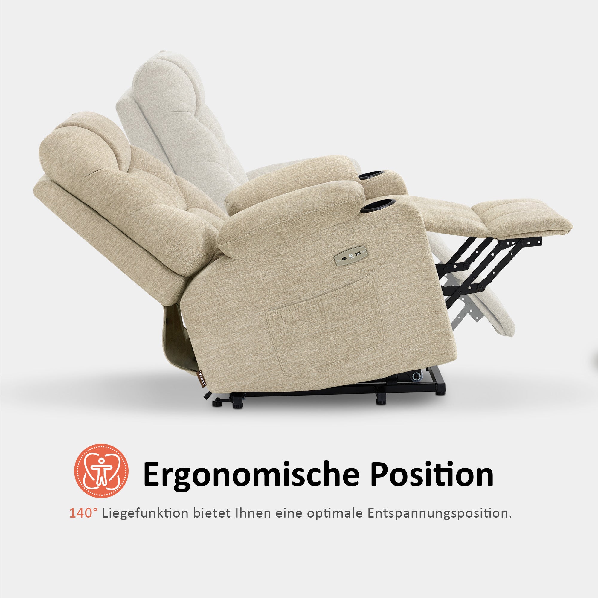 M MCombo TV armchair with electric stand-up aid, armchair with stand-up aid, TV armchair with reclining function up to 140°, senior armchair for the living room, with USB 7286
