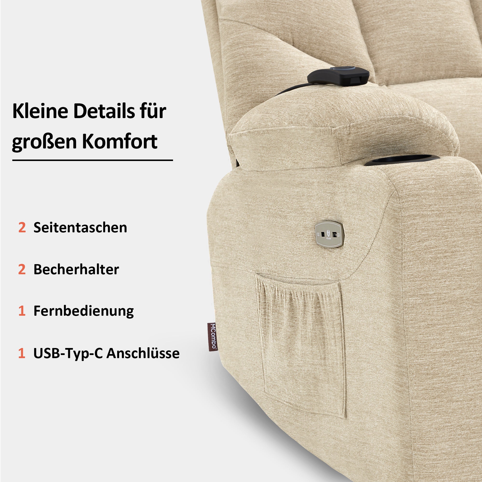 M MCombo TV armchair with electric stand-up aid, armchair with stand-up aid, TV armchair with reclining function up to 140°, senior armchair for the living room, with USB 7286