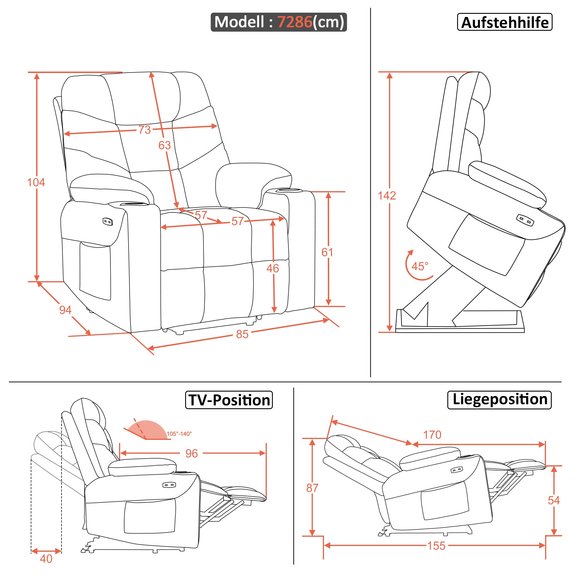 M MCombo TV armchair with electric stand-up aid, armchair with stand-up aid, TV armchair with reclining function up to 140°, senior armchair for the living room, with USB 7286