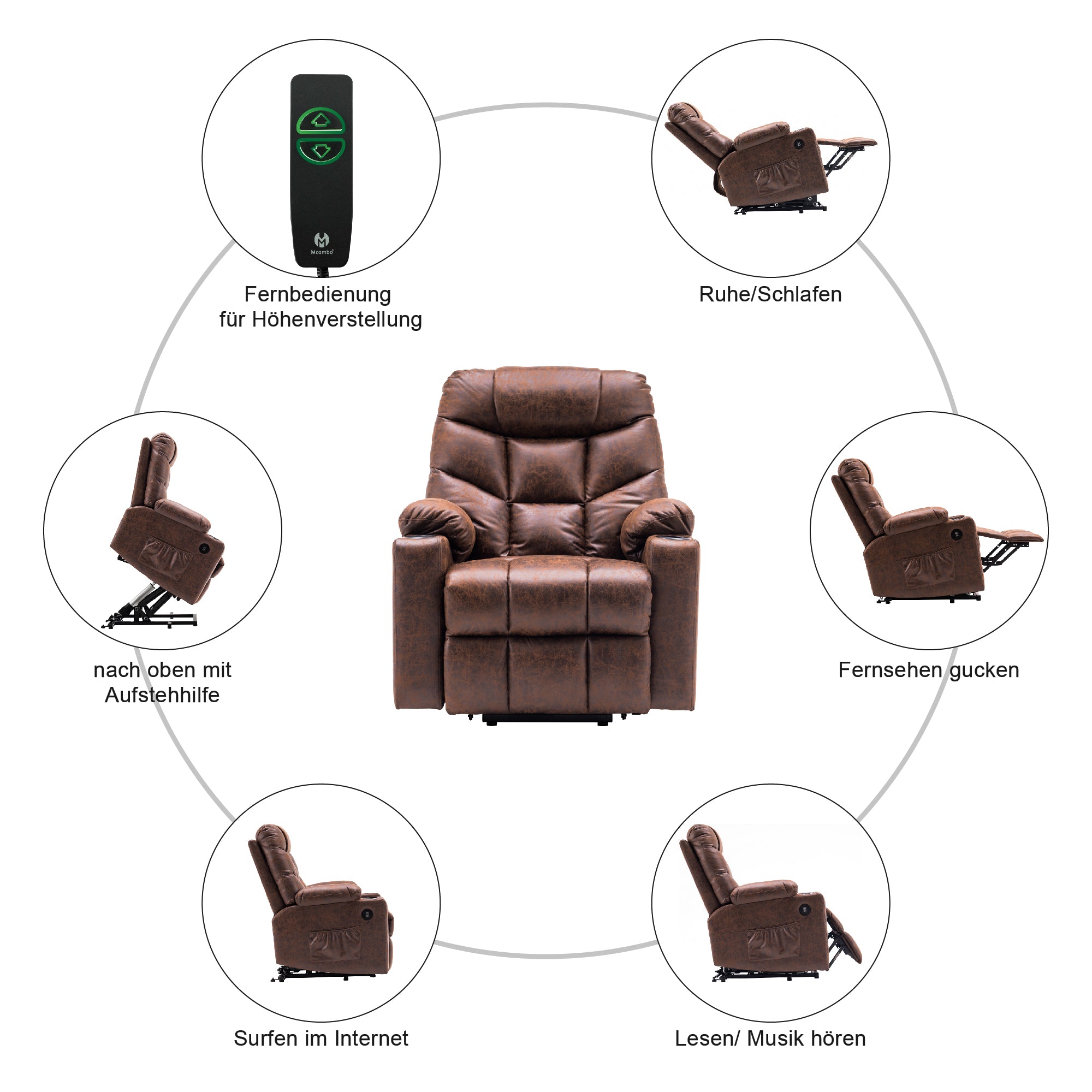 M MCombo TV armchair with electric stand-up aid, armchair with stand-up aid, TV armchair with reclining function up to 140°, senior armchair for the living room, with USB 7286