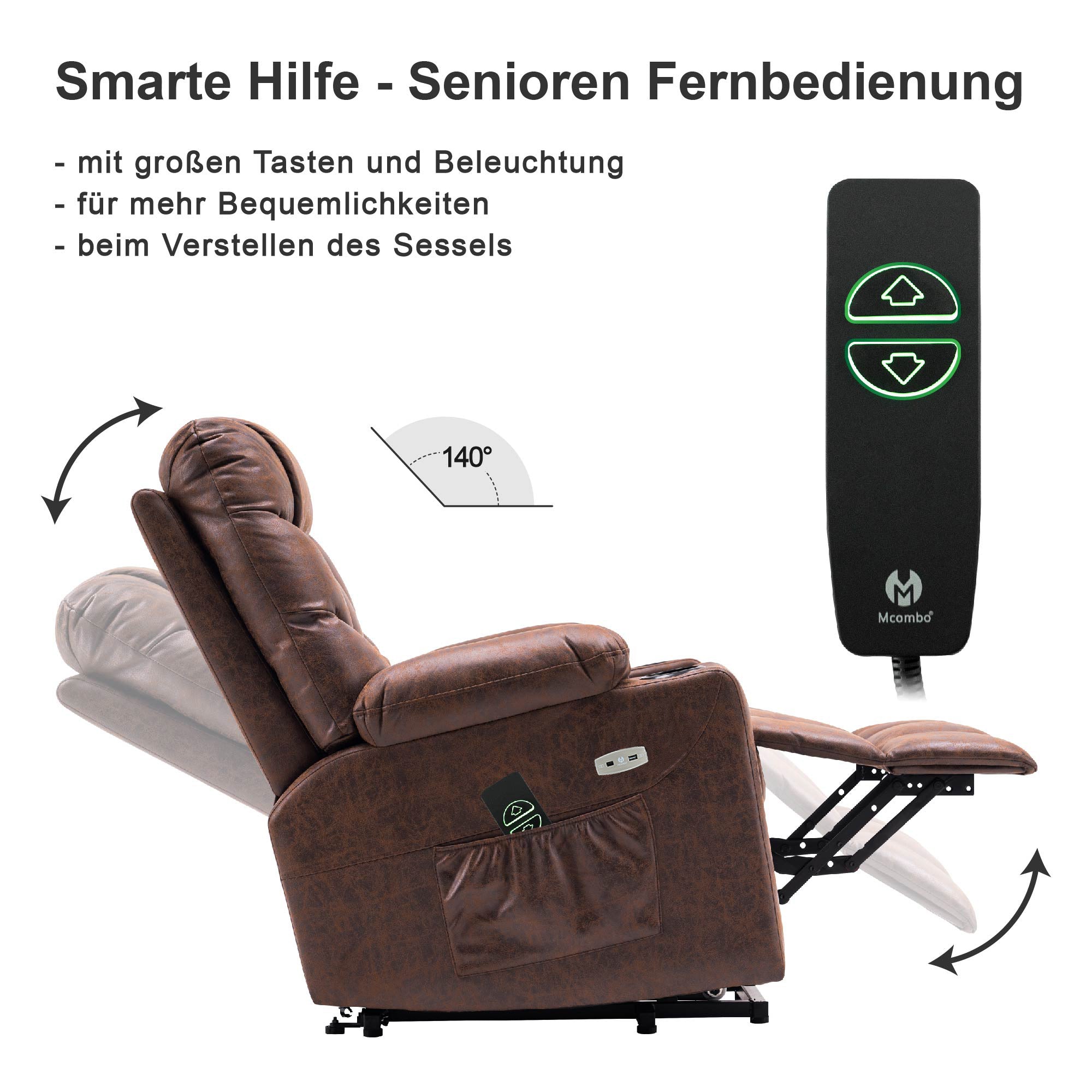 M MCombo TV armchair with electric stand-up aid, armchair with stand-up aid, TV armchair with reclining function up to 140°, senior armchair for the living room, with USB 7286