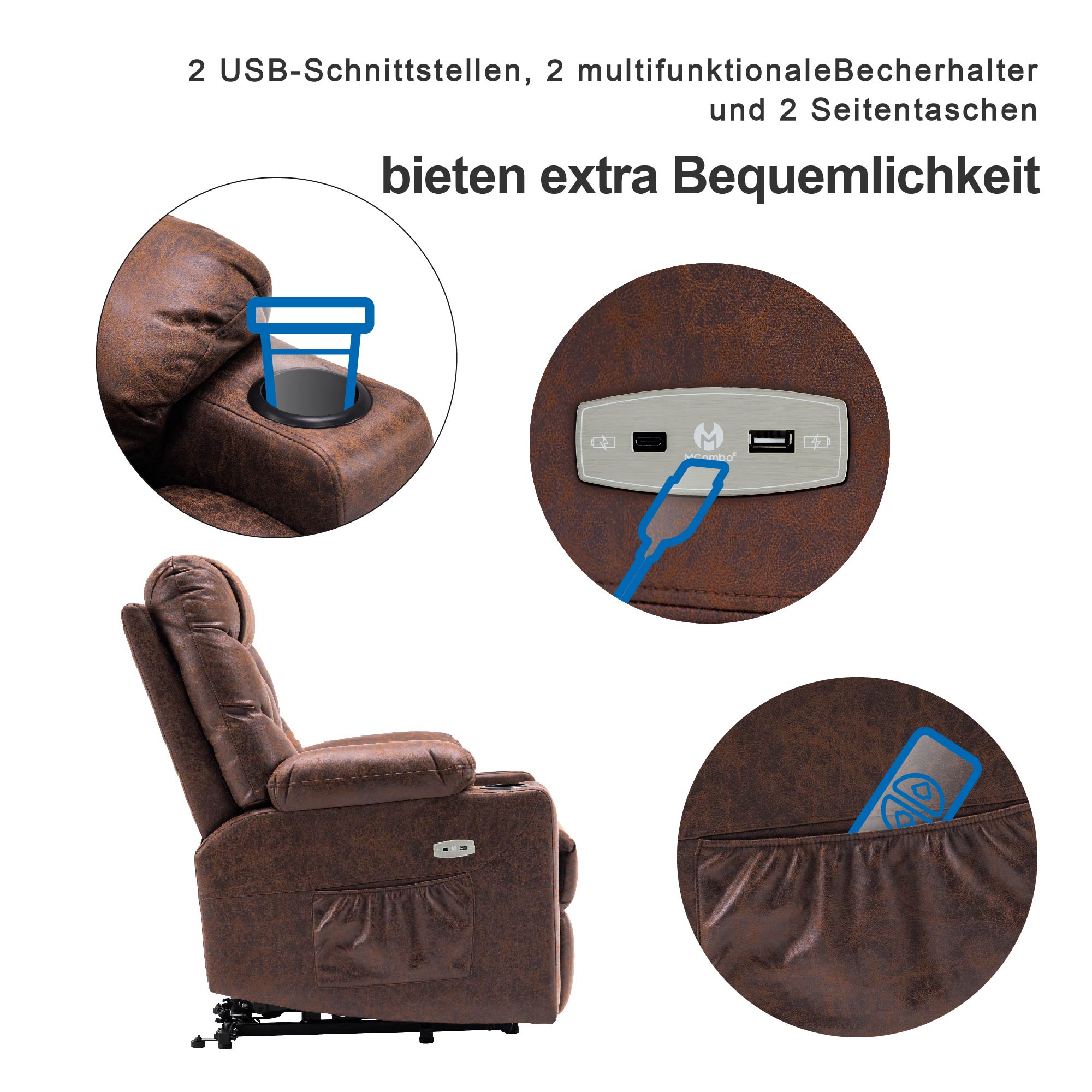 M MCombo TV armchair with electric stand-up aid, armchair with stand-up aid, TV armchair with reclining function up to 140°, senior armchair for the living room, with USB 7286