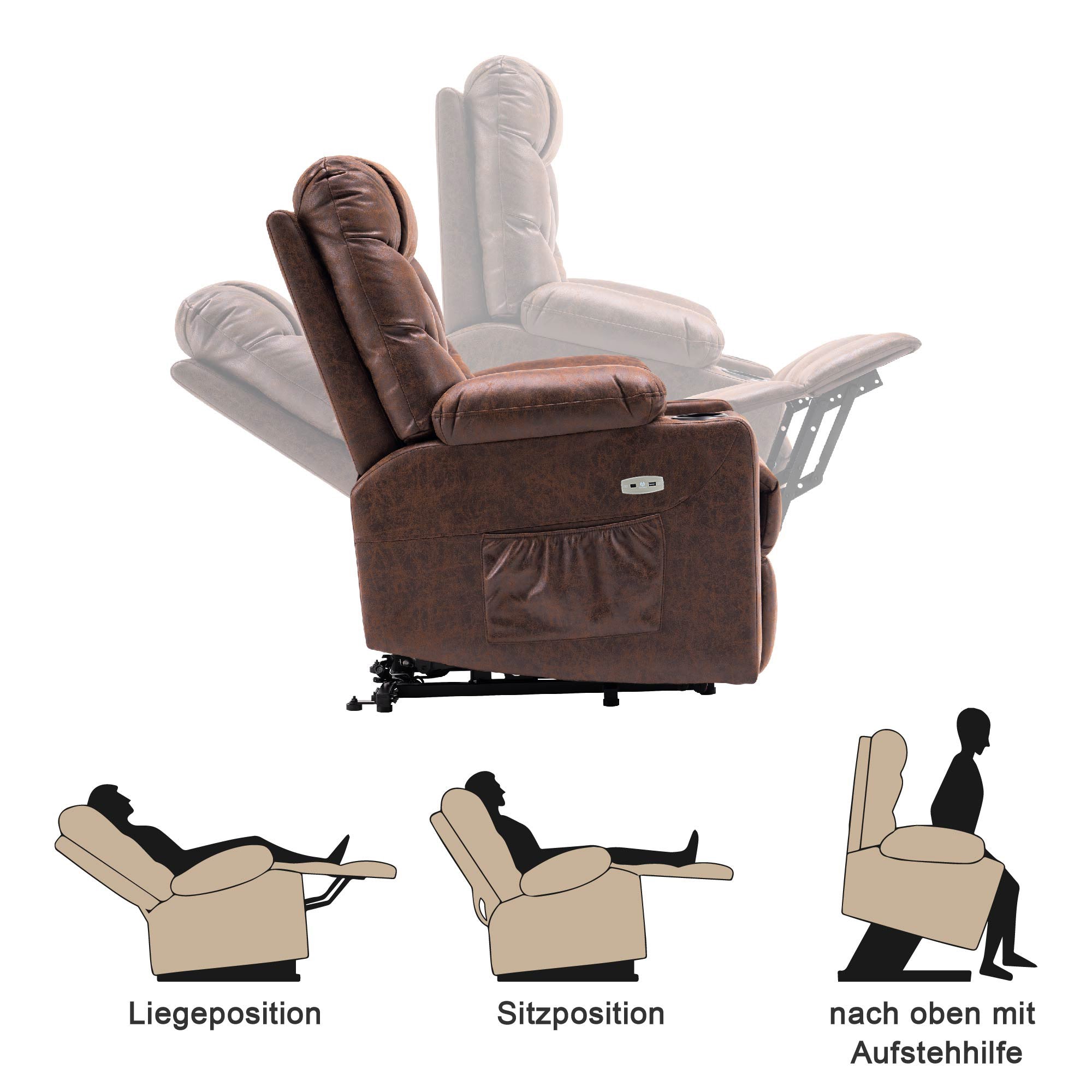 M MCombo TV armchair with electric stand-up aid, armchair with stand-up aid, TV armchair with reclining function up to 140°, senior armchair for the living room, with USB 7286