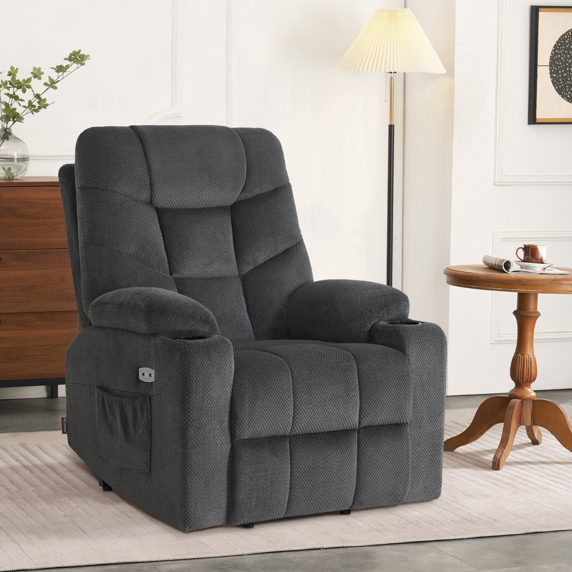 M MCombo TV armchair with electric stand-up aid, armchair with stand-up aid, TV armchair with reclining function up to 140°, senior armchair for the living room, with USB 7286