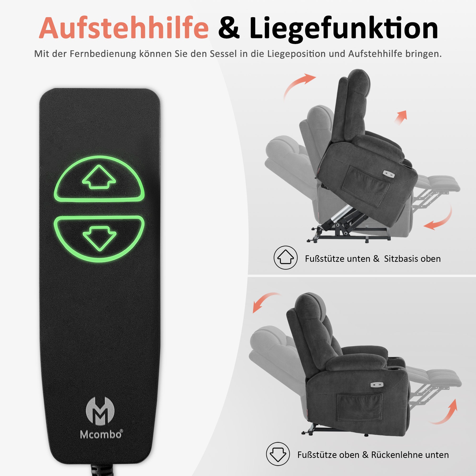 M MCombo TV armchair with electric stand-up aid, armchair with stand-up aid, TV armchair with reclining function up to 140°, senior armchair for the living room, with USB 7286