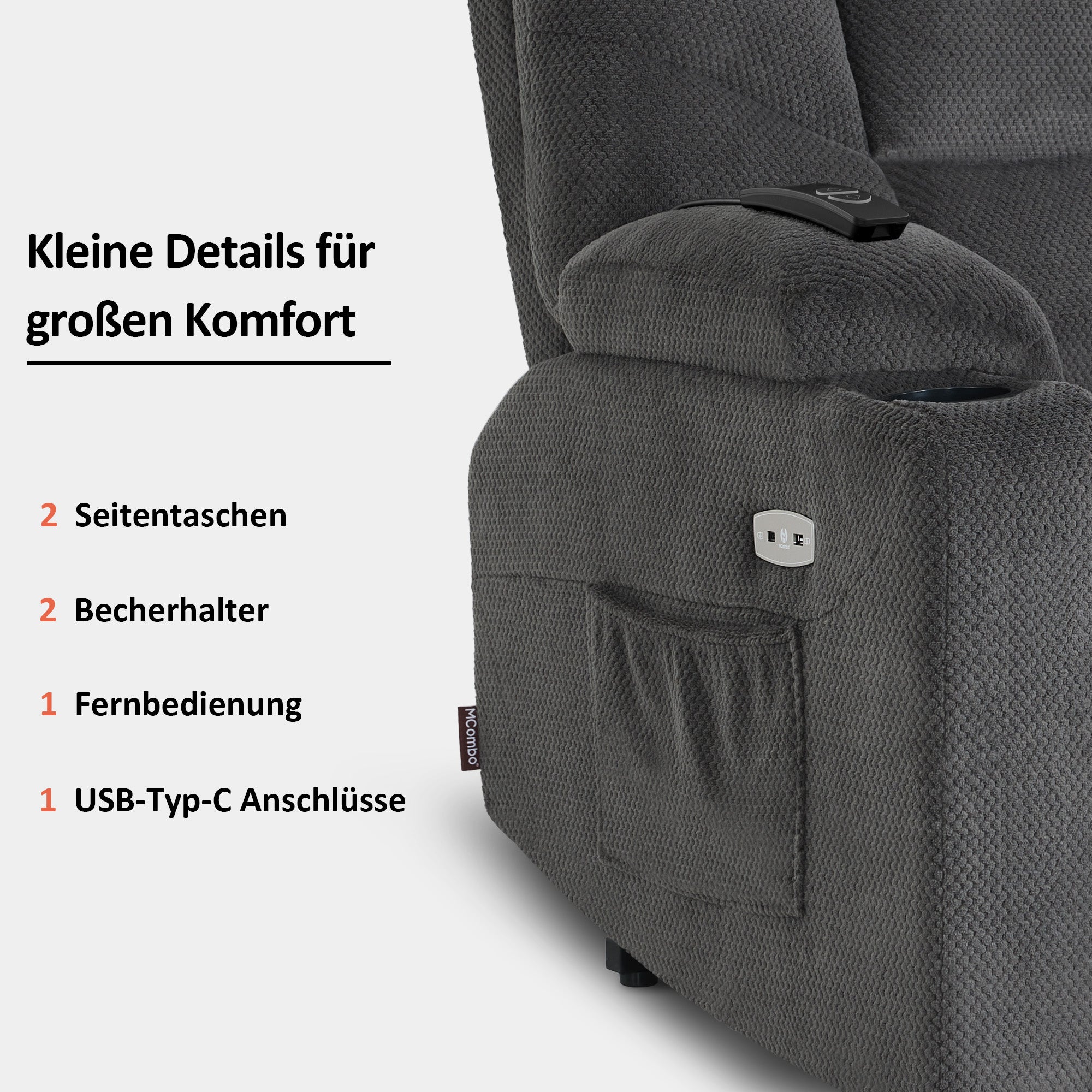 M MCombo TV armchair with electric stand-up aid, armchair with stand-up aid, TV armchair with reclining function up to 140°, senior armchair for the living room, with USB 7286