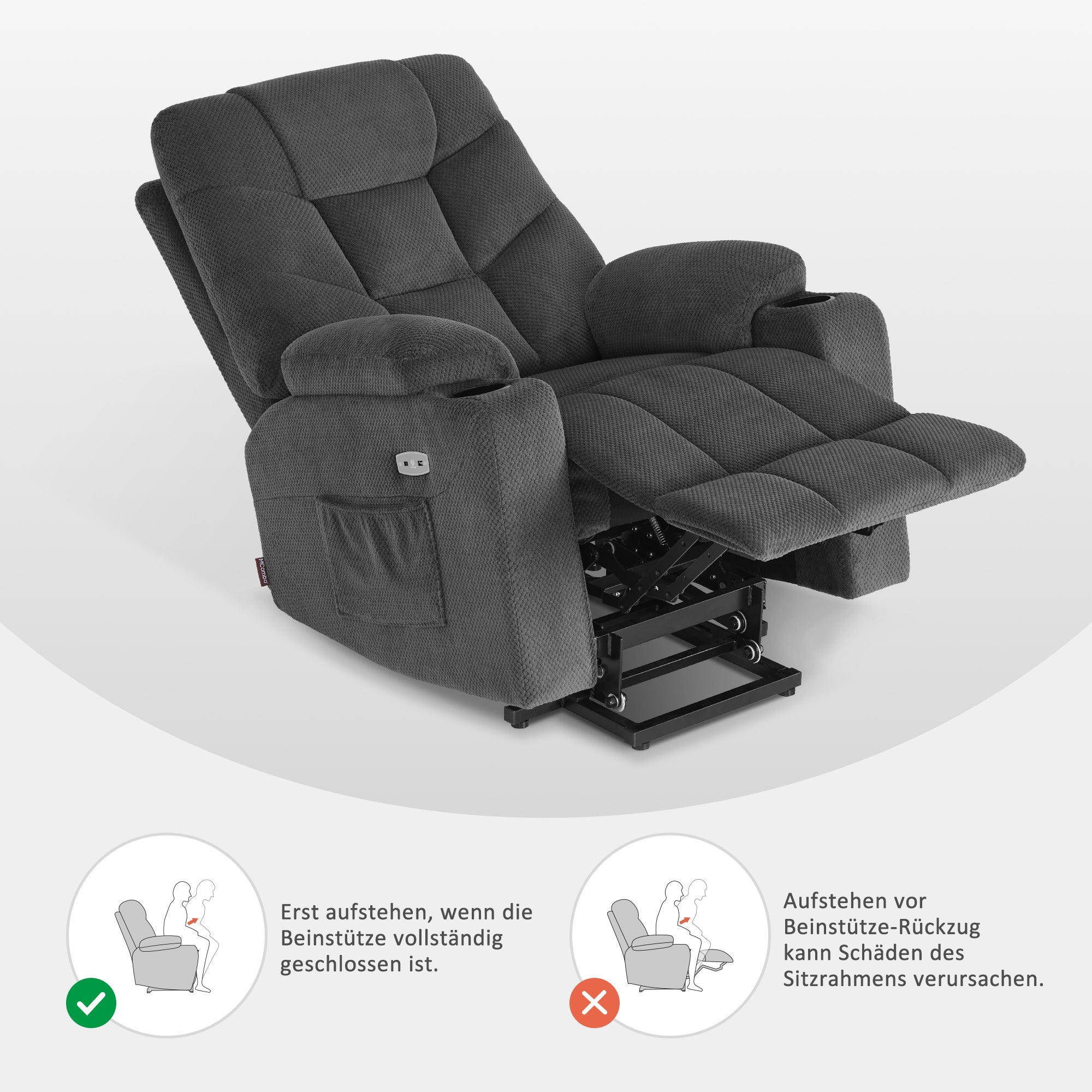 M MCombo TV armchair with electric stand-up aid, armchair with stand-up aid, TV armchair with reclining function up to 140°, senior armchair for the living room, with USB 7286