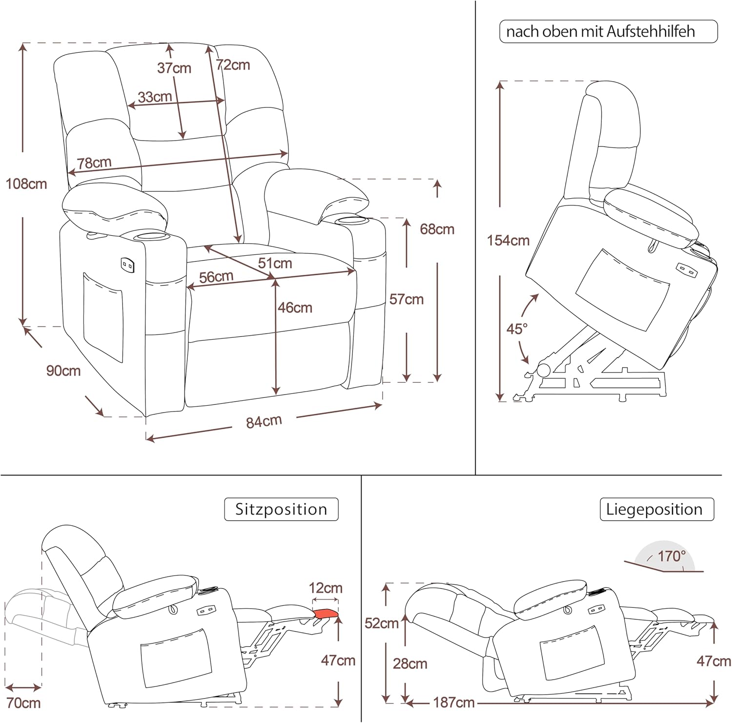 Fauteuil inclinable électrique M MCombo 7550, avec 3 moteurs réglables séparément, position inclinable jusqu'à 170°, repose-pieds allongé, USB, pour salon seniors
