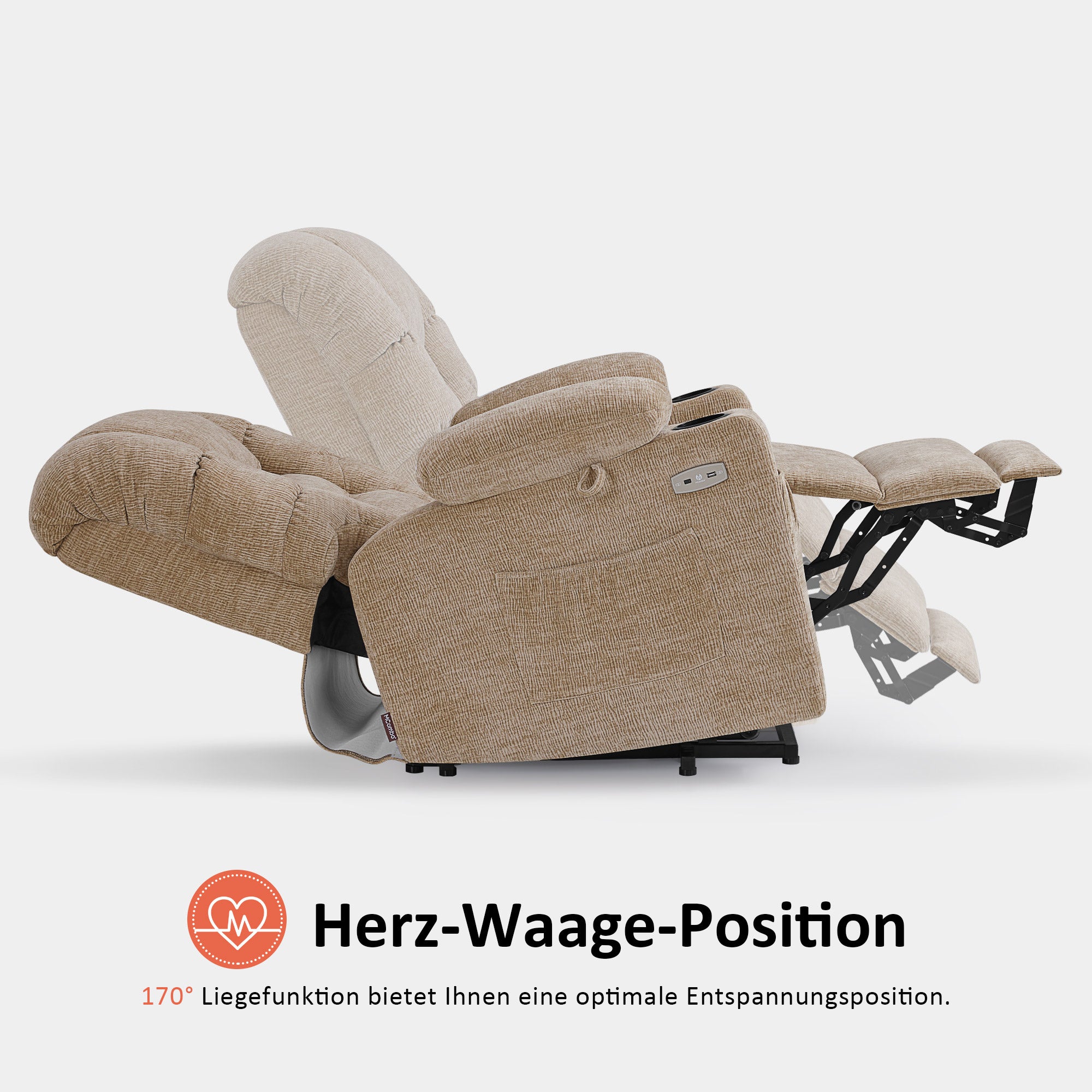 Fauteuil inclinable électrique M MCombo 7550, avec 3 moteurs réglables séparément, position inclinable jusqu'à 170°, repose-pieds allongé, USB, pour salon seniors