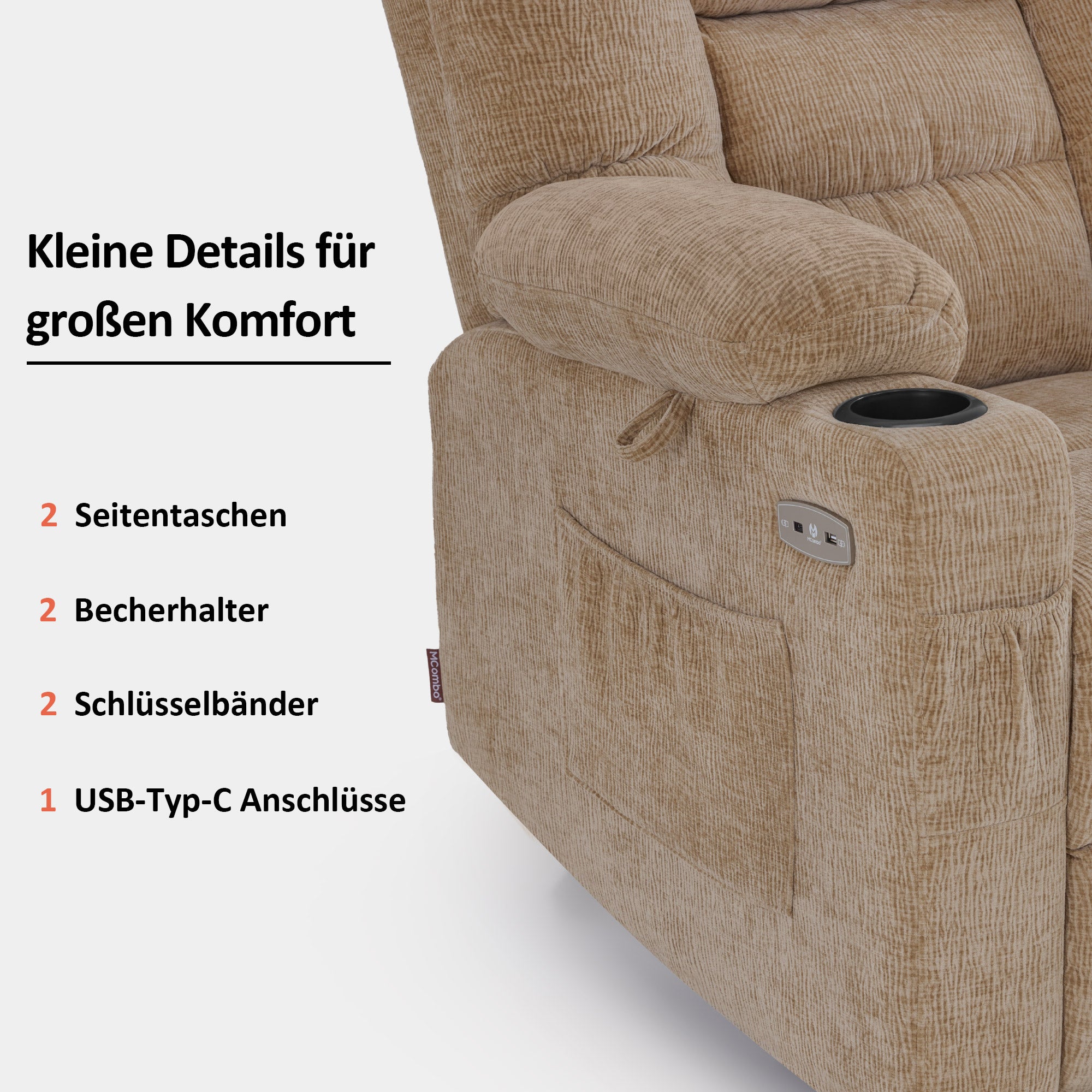 Fauteuil inclinable électrique M MCombo 7550, avec 3 moteurs réglables séparément, position inclinable jusqu'à 170°, repose-pieds allongé, USB, pour salon seniors