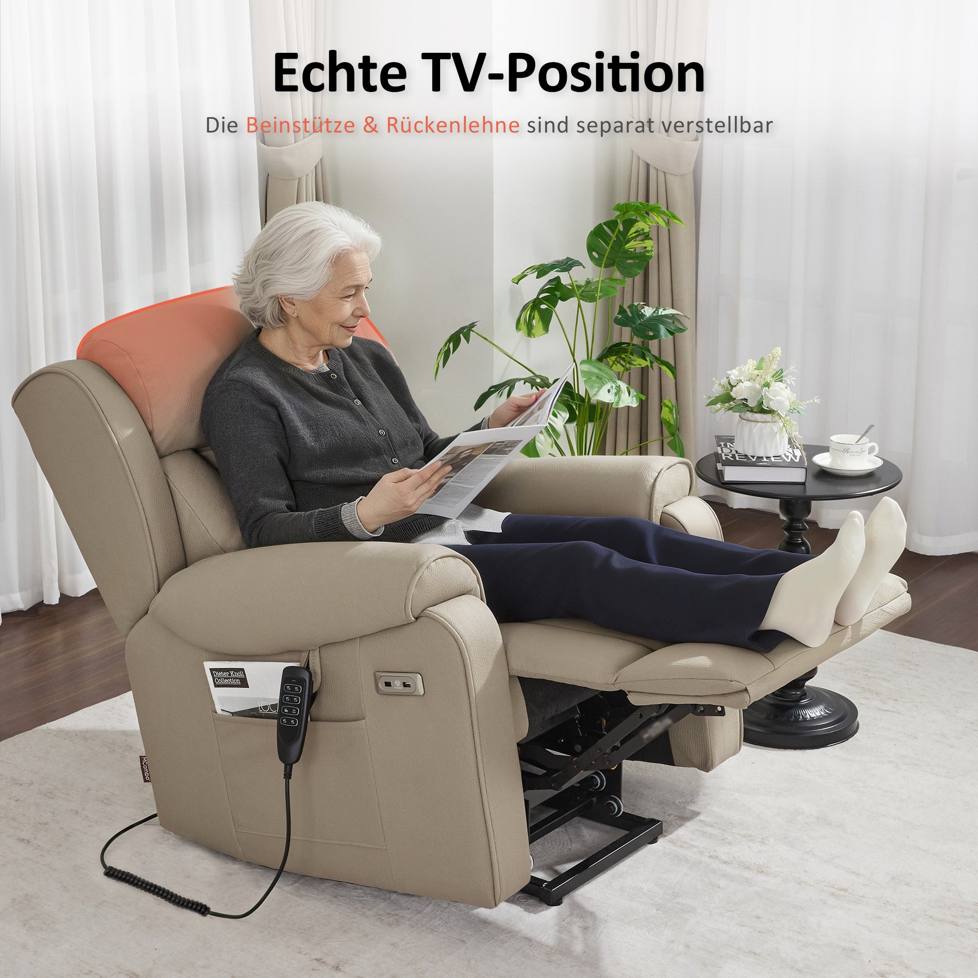 M MCombo 4-Motoren-Fernsehsessel mit Aufstehhilfe Elektrisch, Elektrische Lenden- & Kopfstütze 165°Zero-Gravity Sessel mit Aufstehhilfe, Massage & Heizung 7558