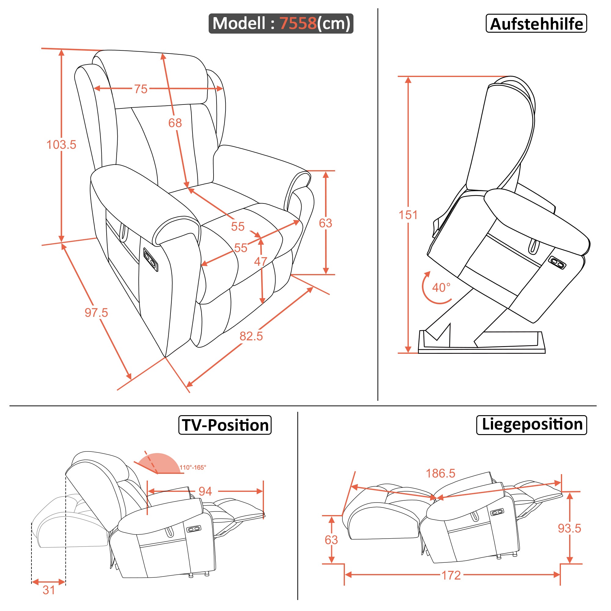 M MCombo 4-Motoren-Fernsehsessel mit Aufstehhilfe Elektrisch, Elektrische Lenden- & Kopfstütze 165°Zero-Gravity Sessel mit Aufstehhilfe, Massage & Heizung 7558