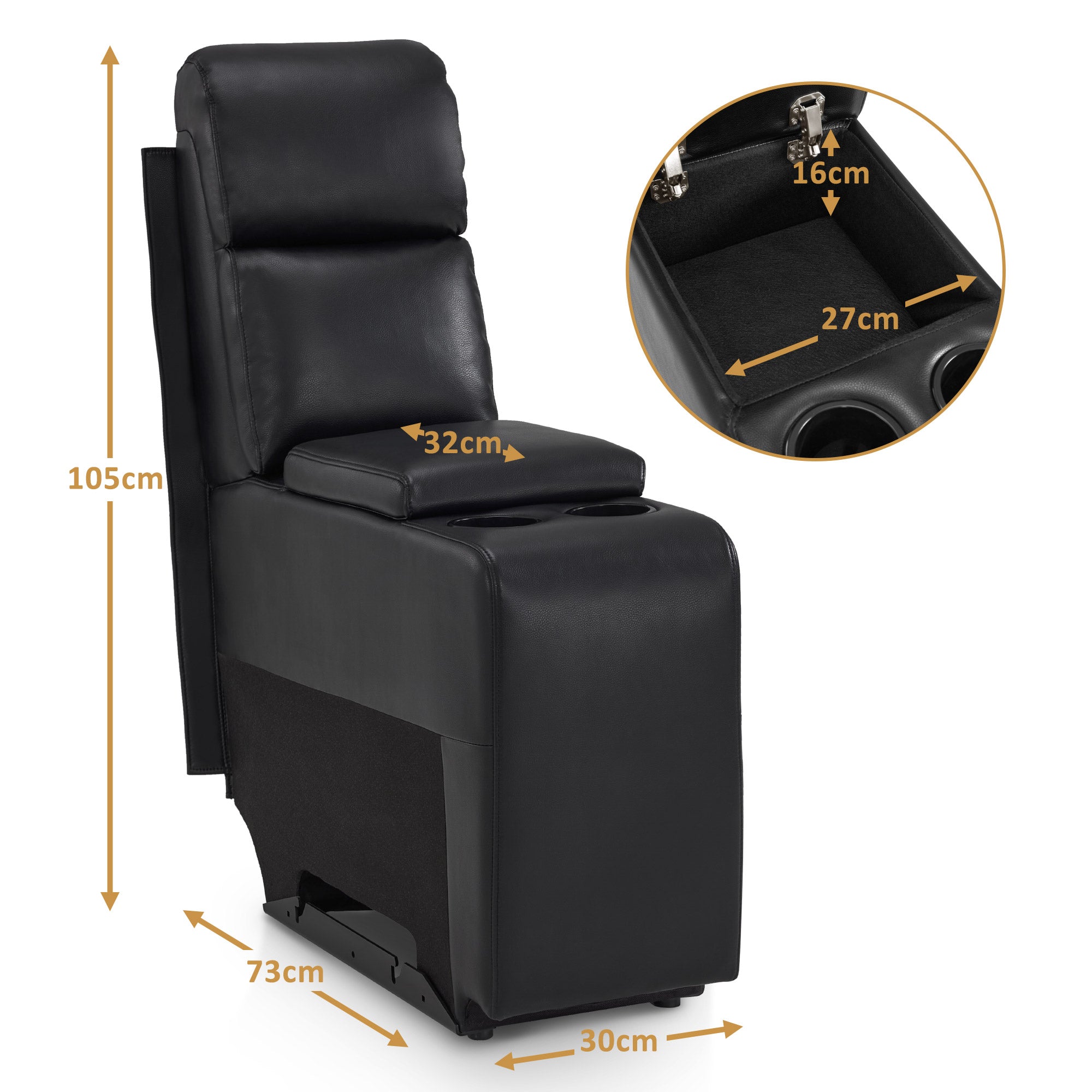 M MCombo console for 2-seater cinema chairs 7705, with storage space & cup holder, sofa accessory, spare part for TV chair 7705CA (faux leather, black)