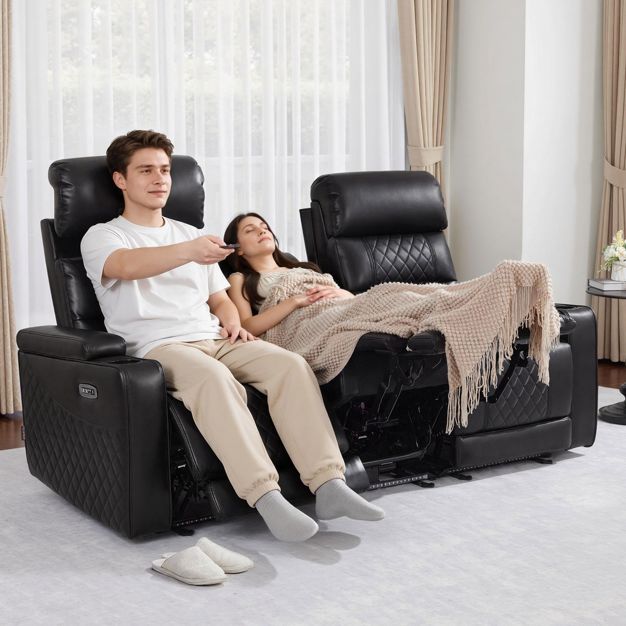 M MCombo 1-Sitzer/2-Sitzer/3-Sitzer Fernsehsessel Elektrisch Verstellbar, Zero-Gravity-Kinosessel mit LED, Verstellbare Kopfstütze, 35D Vollschaum-Sitzkissen 7759/7705 (Schwarz)