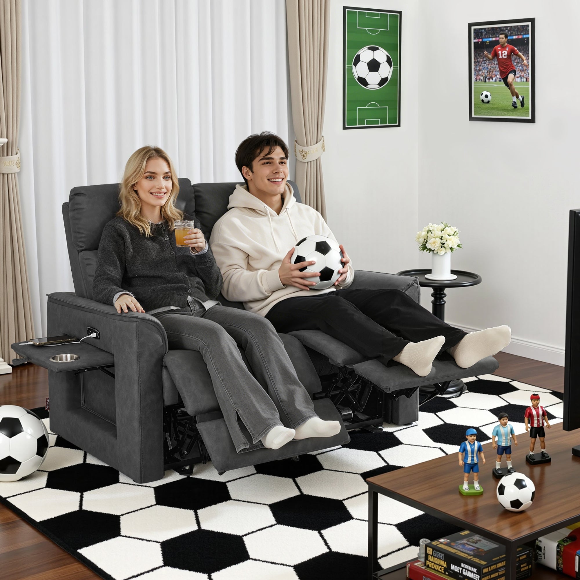 M MCombo 2 Sitzer Fernsehsessel Elektrisch Verstellbar 155°Zero-Gravity-Kinosessel mit Verstecktem Beistelltisch, 2 Sitzer Sofa mit Schlaffunktion 35D Vollschaum-Sitzkissen 7719M1 (Dunkelgrau)