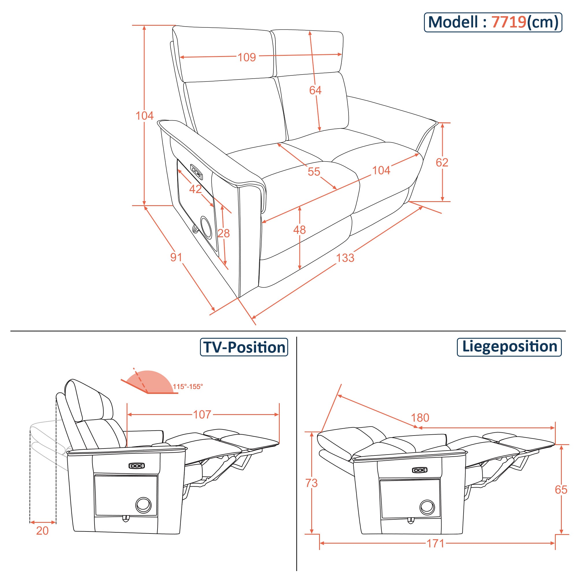 M MCombo 2 Sitzer Fernsehsessel Elektrisch Verstellbar 155°Zero-Gravity-Kinosessel mit Verstecktem Beistelltisch, 2 Sitzer Sofa mit Schlaffunktion 35D Vollschaum-Sitzkissen 7719M1 (Dunkelgrau)