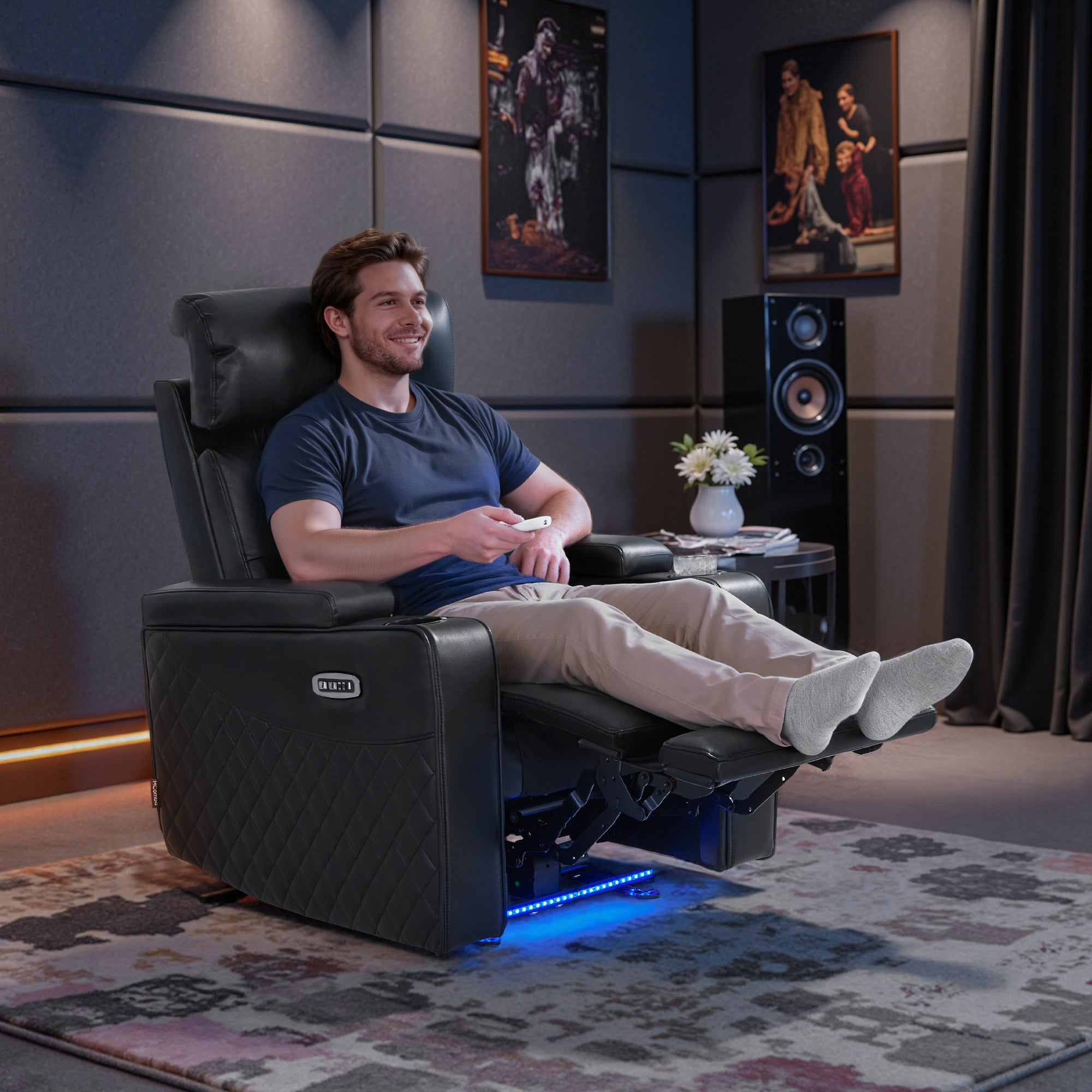 M MCombo 1-Sitzer/2-Sitzer/3-Sitzer Fernsehsessel Elektrisch Verstellbar, Zero-Gravity-Kinosessel mit LED, Verstellbare Kopfstütze, 35D Vollschaum-Sitzkissen 7759/7705 (Schwarz)