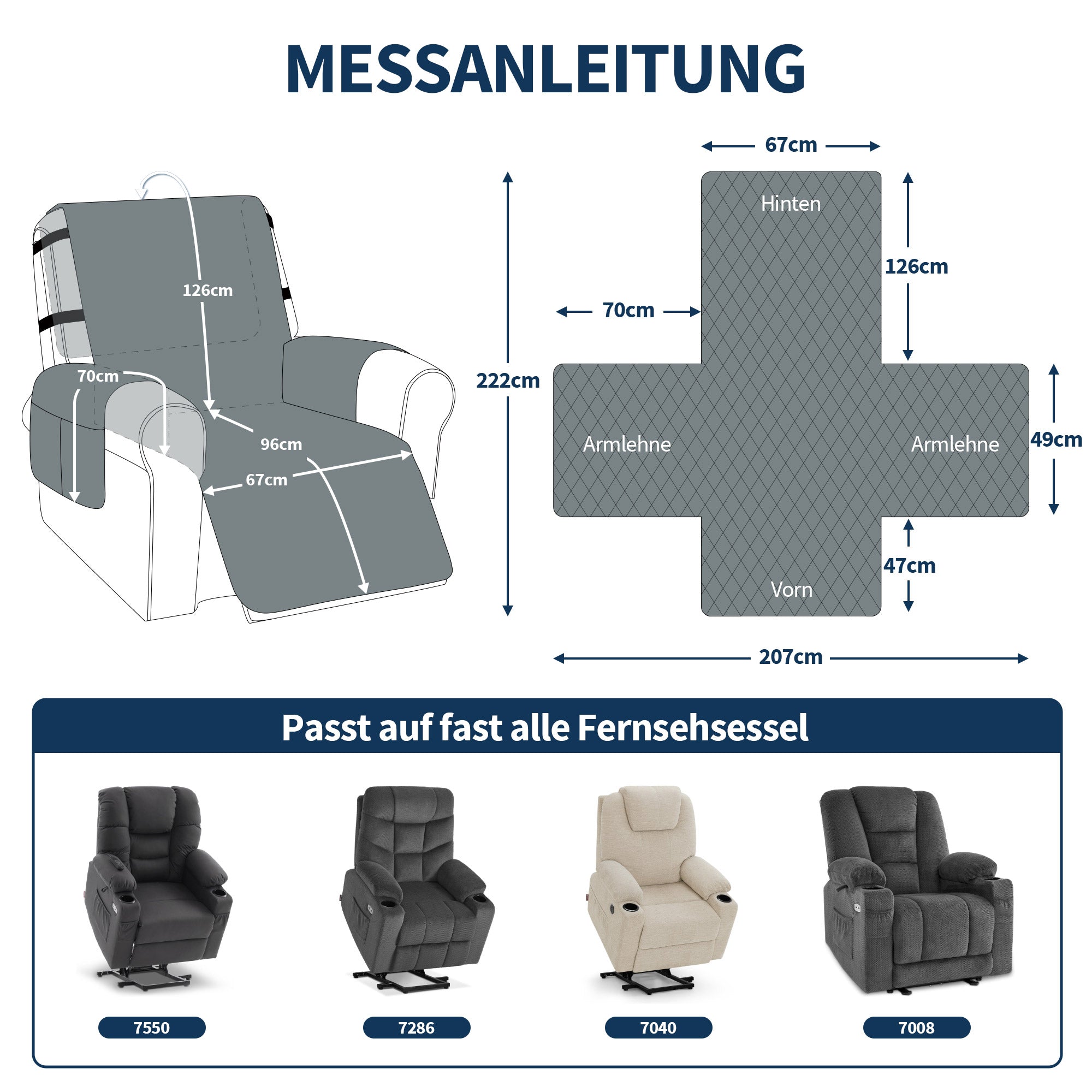 M MCombo Sesselschoner für Relaxsessel, Wasserdicht & Anti-Rutsch, Warmer und Weicher Sesselbezug mit Armlehne & Taschen, Kratzfester Sesselüberwurf Fernsehsessel C1815 (Grau/Samt)