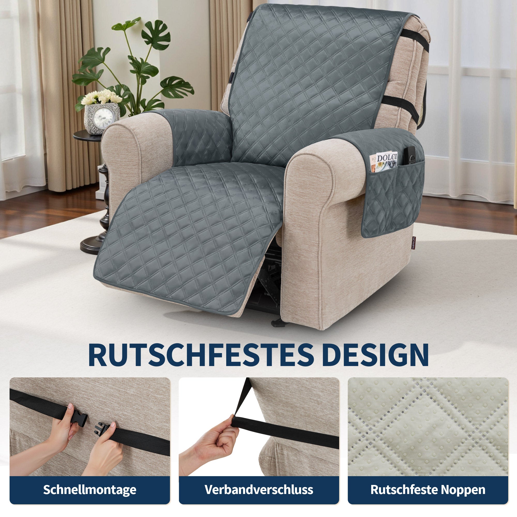 M MCombo Sesselschoner für Relaxsessel, Wasserdicht & Anti-Rutsch, Warmer und Weicher Sesselbezug mit Armlehne & Taschen, Kratzfester Sesselüberwurf Fernsehsessel C1815 (Grau/Samt)