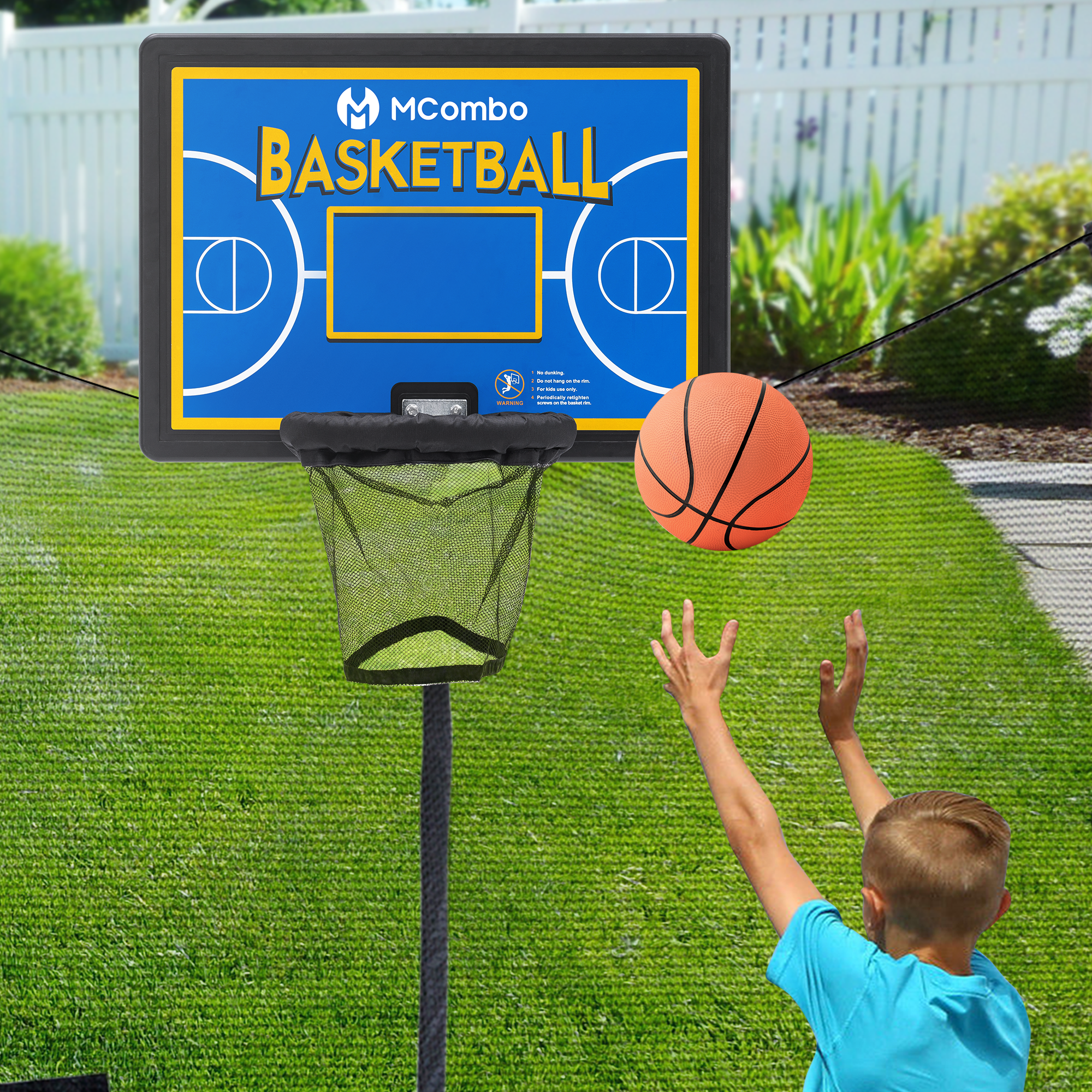 M MCombo Trampoline Basketball Hoop Outdoor, Trampoline Accessory Set, Basketball Hoop Trampoline Children, Mini Basketball Hoop for Trampoline Backboard + Basketball + Ring + Net + Ball Pump BH07 (Blue / Red)